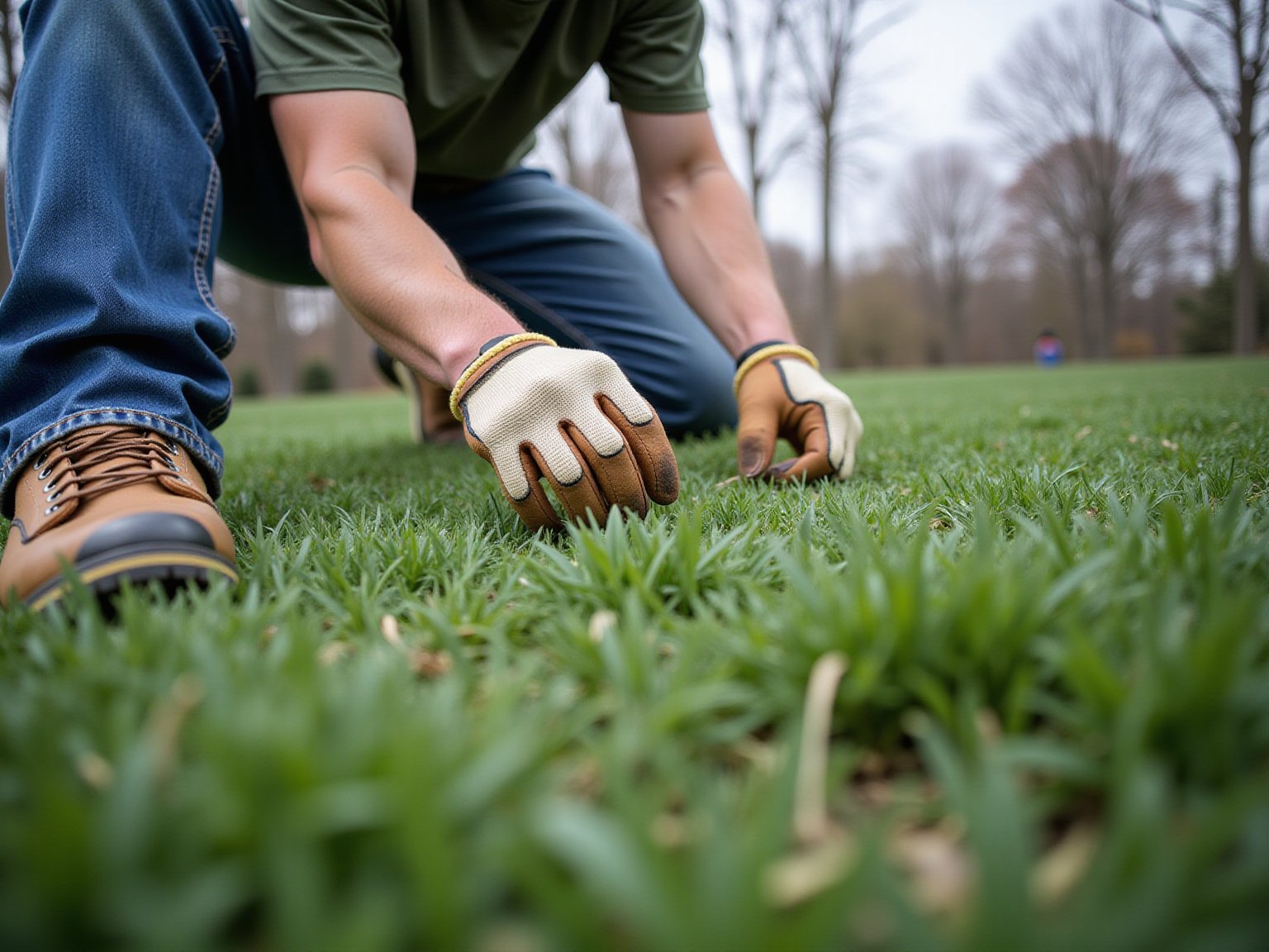 Detail view of lawn care mistakes technique on residential lawn