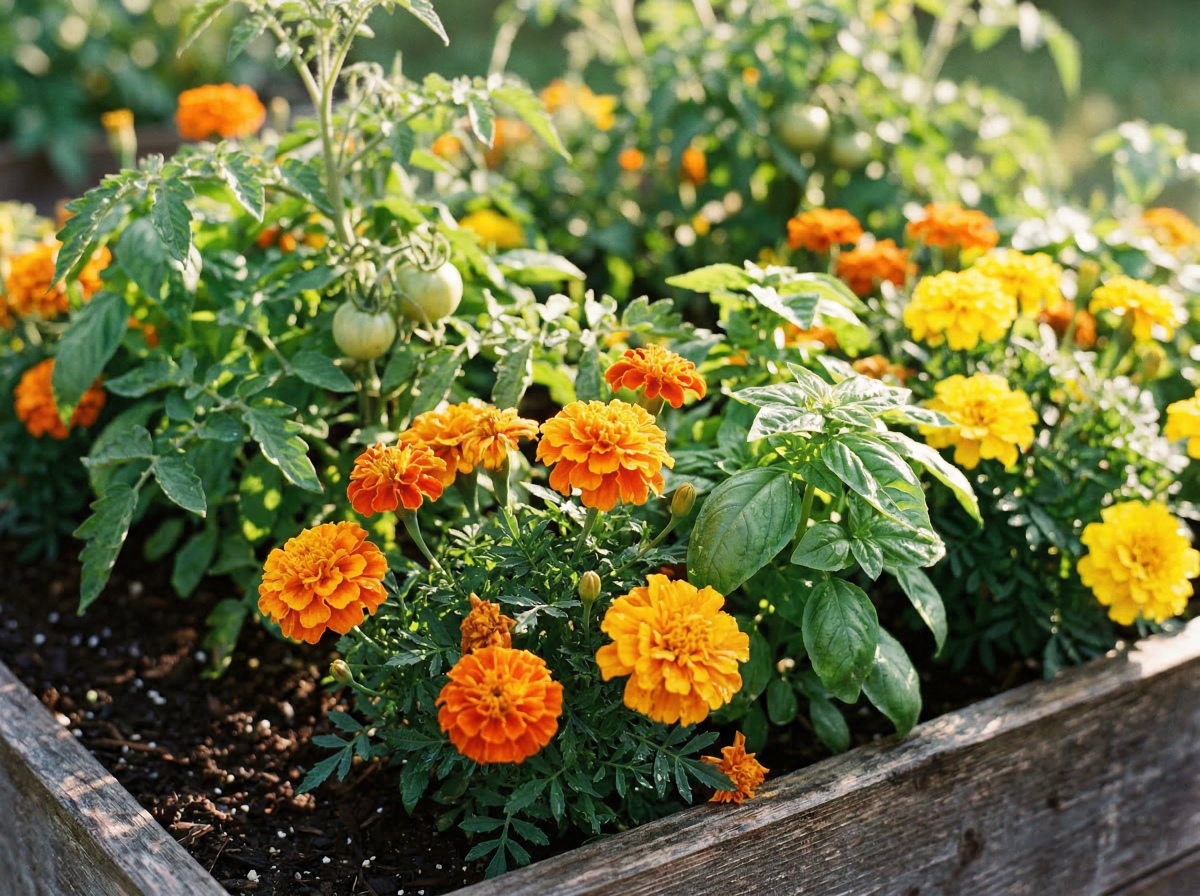 A gardener planting marigold seedlings between rows of vegetable crops in a well-organized spring garden