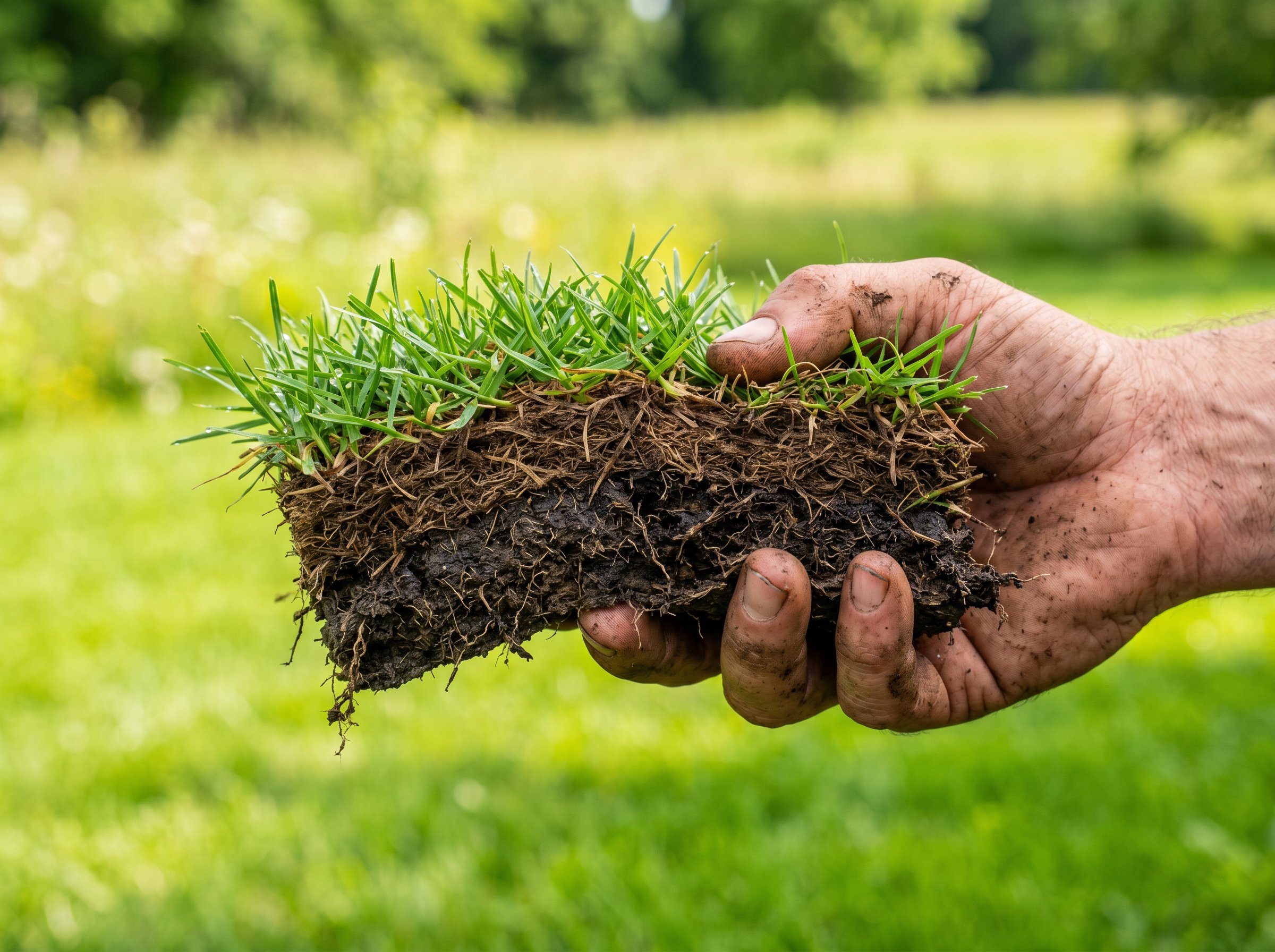 Hand measuring a half-inch layer of spongy brown thatch in a wedge of lawn soil