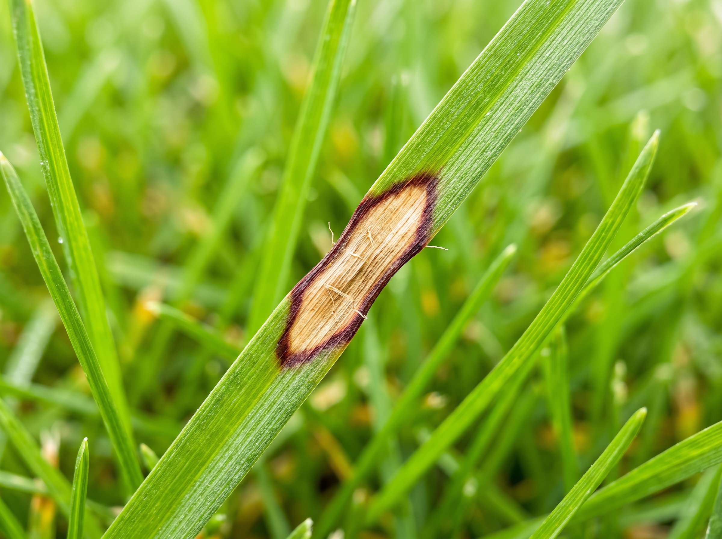 Dollar spot lawn disease treatment showing brown circular patches on green grass lawn