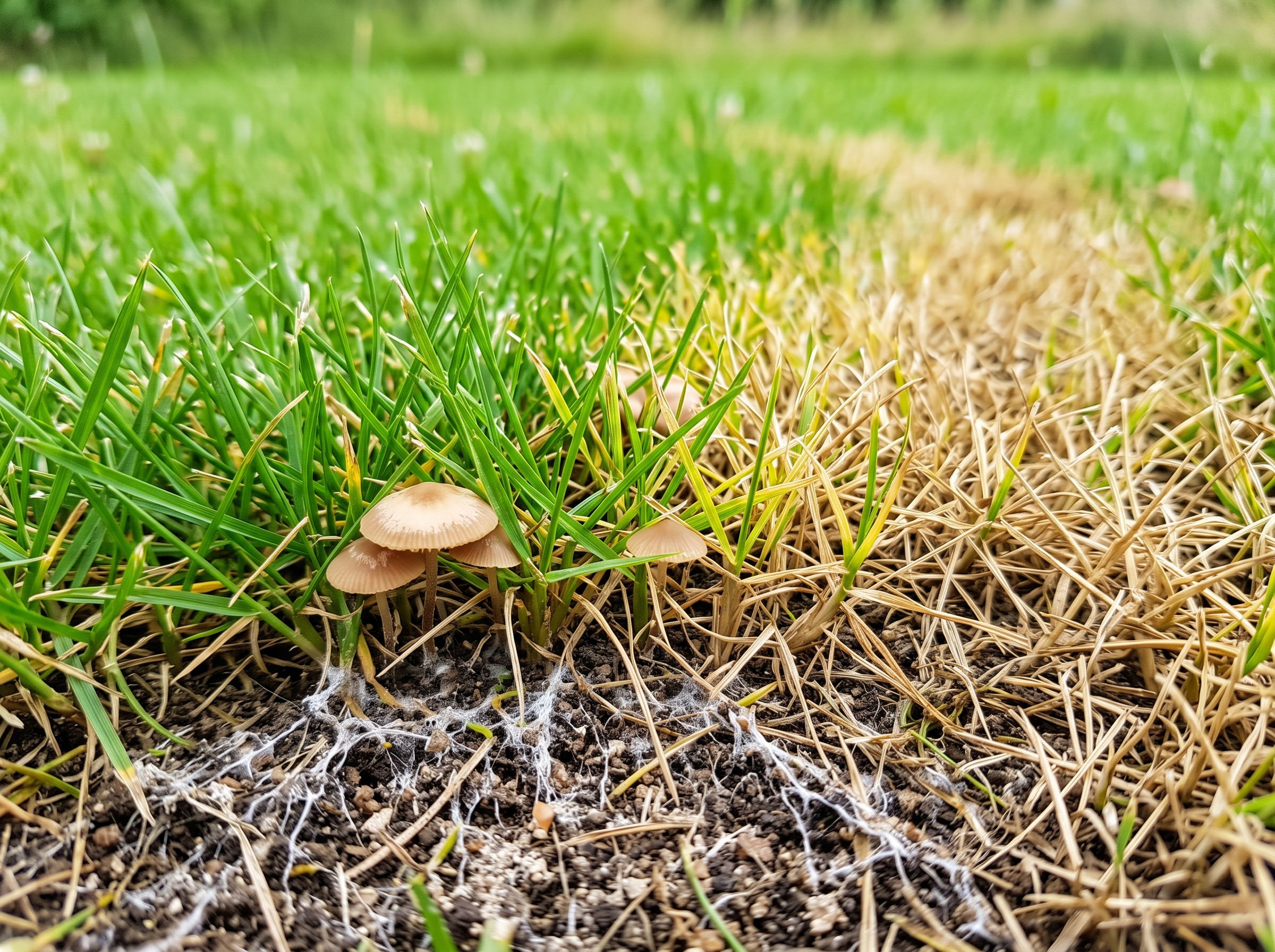 Circular fairy ring lawn treatment showing brown grass patch in yard