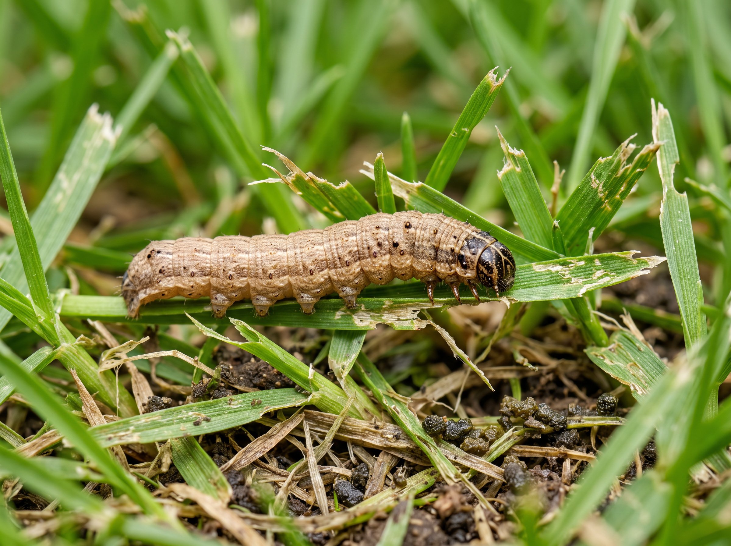 Close-up view of fall armyworms in lawn grass showing pest damage and infestation signs