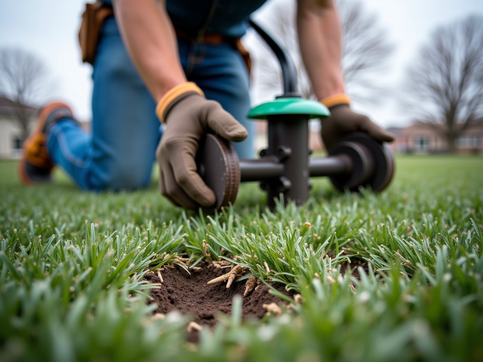 Close-up of lawn aeration holes showing soil plugs and grass roots