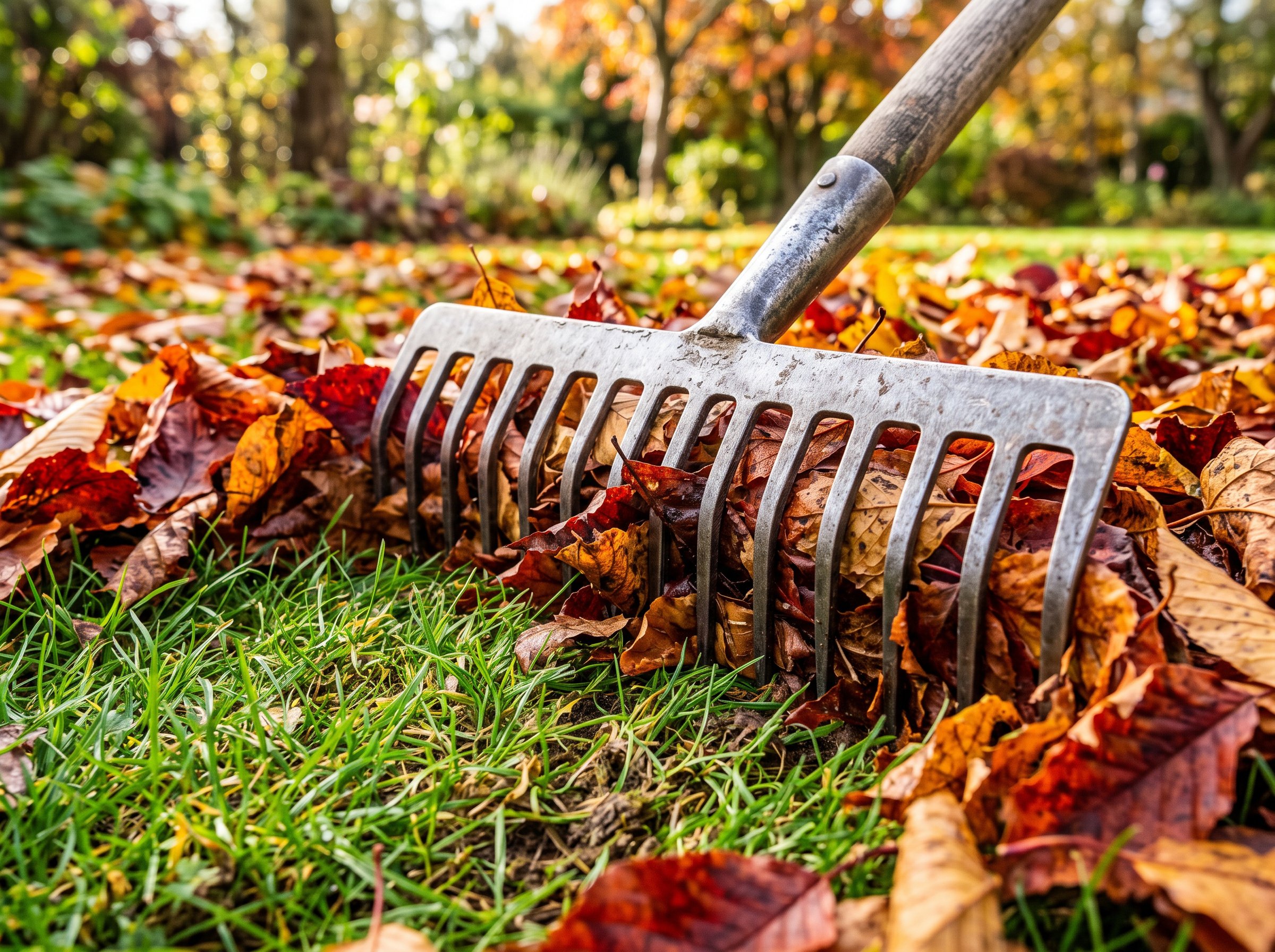 Professional lawn mower cutting grass during fall lawn maintenance routine