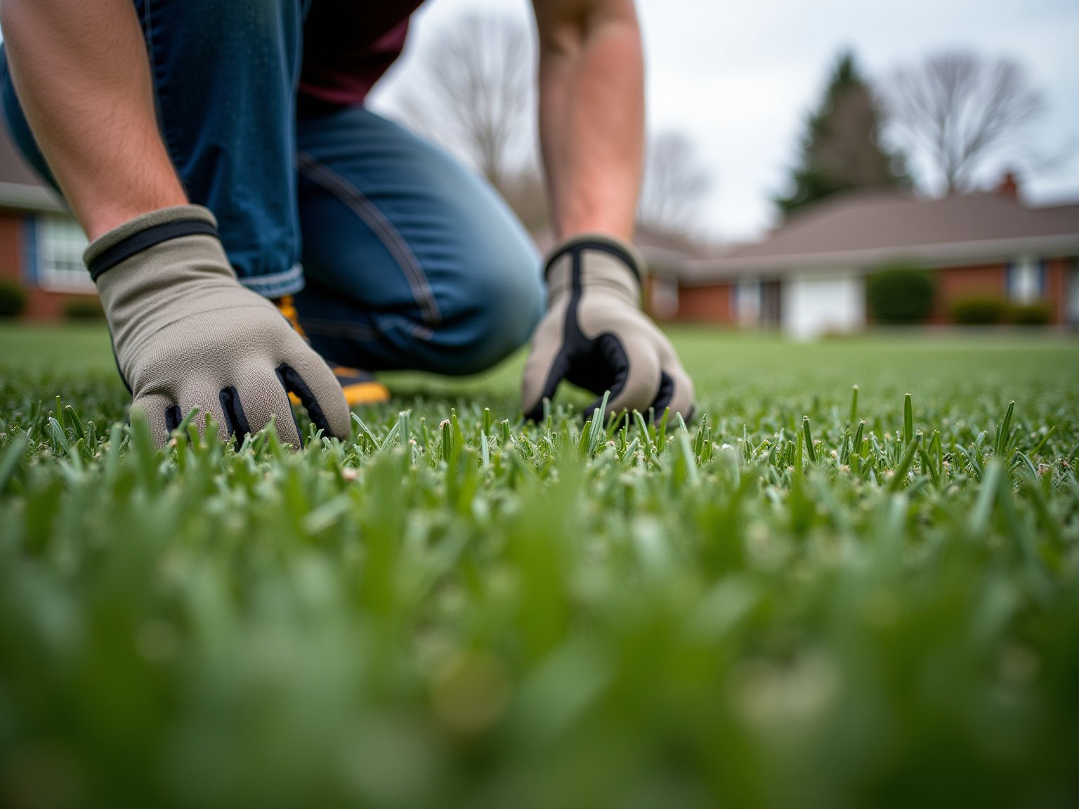 Detail view of fall lawn maintenance technique on residential lawn
