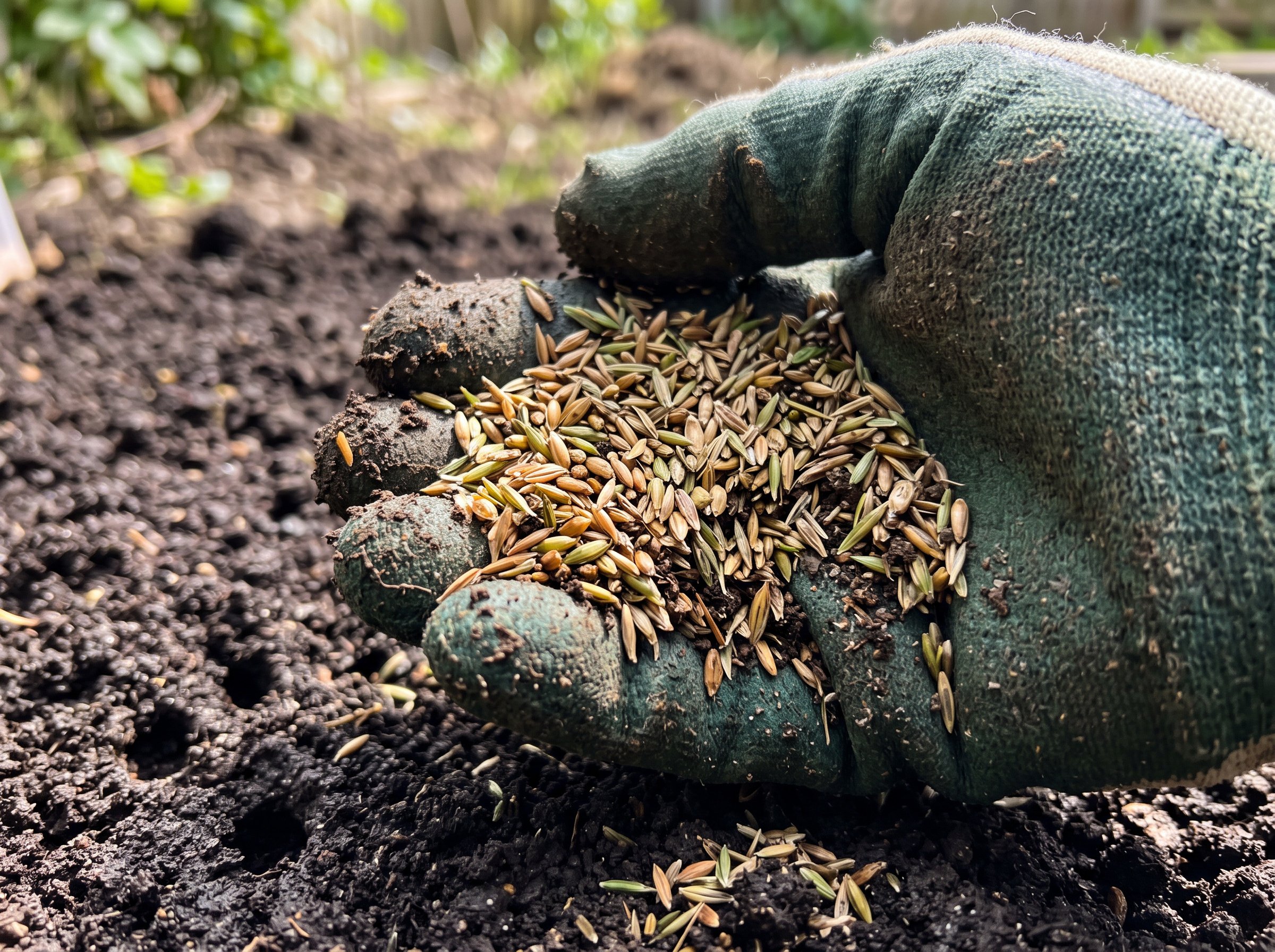 Professional gardener spreading grass seed during fall overseeding lawn preparation