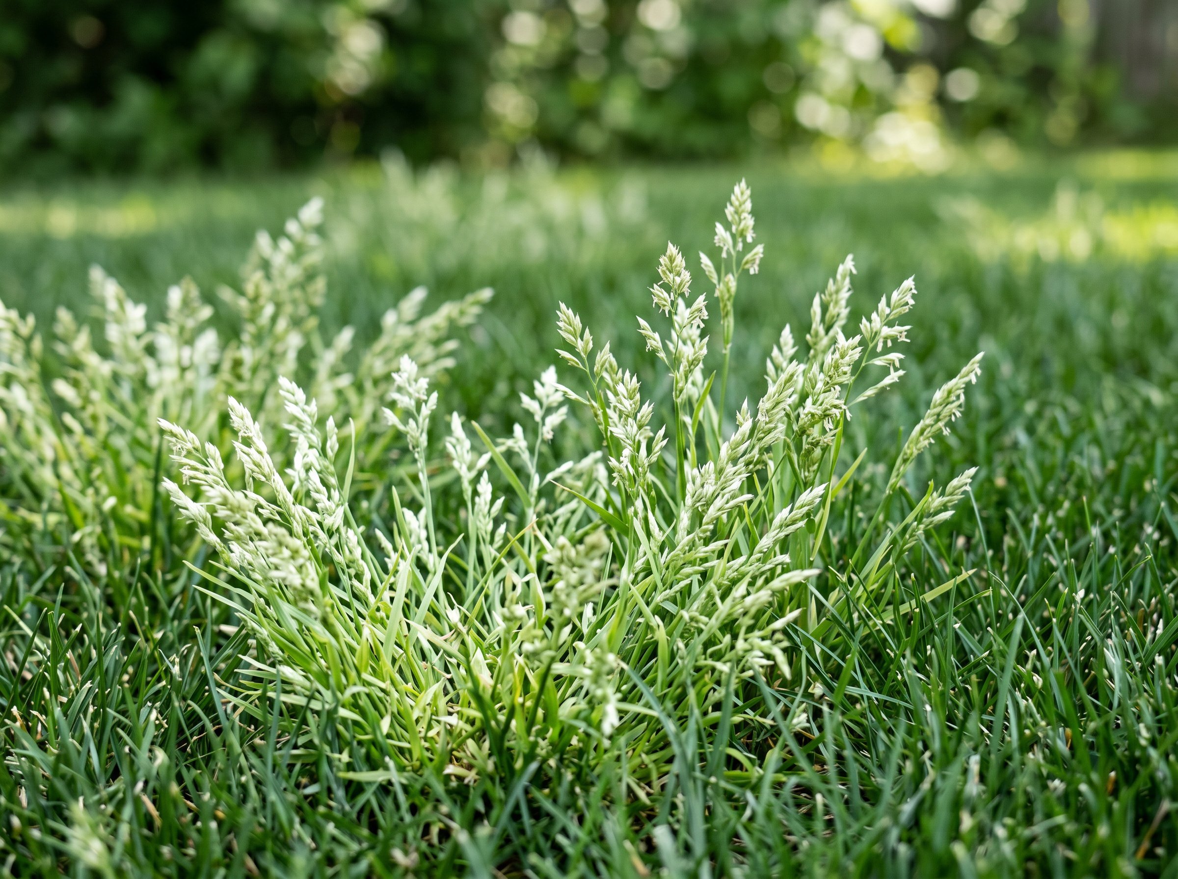 Homeowner applying granular pre-emergent from a broadcast spreader across a lawn on a clear late-summer morning