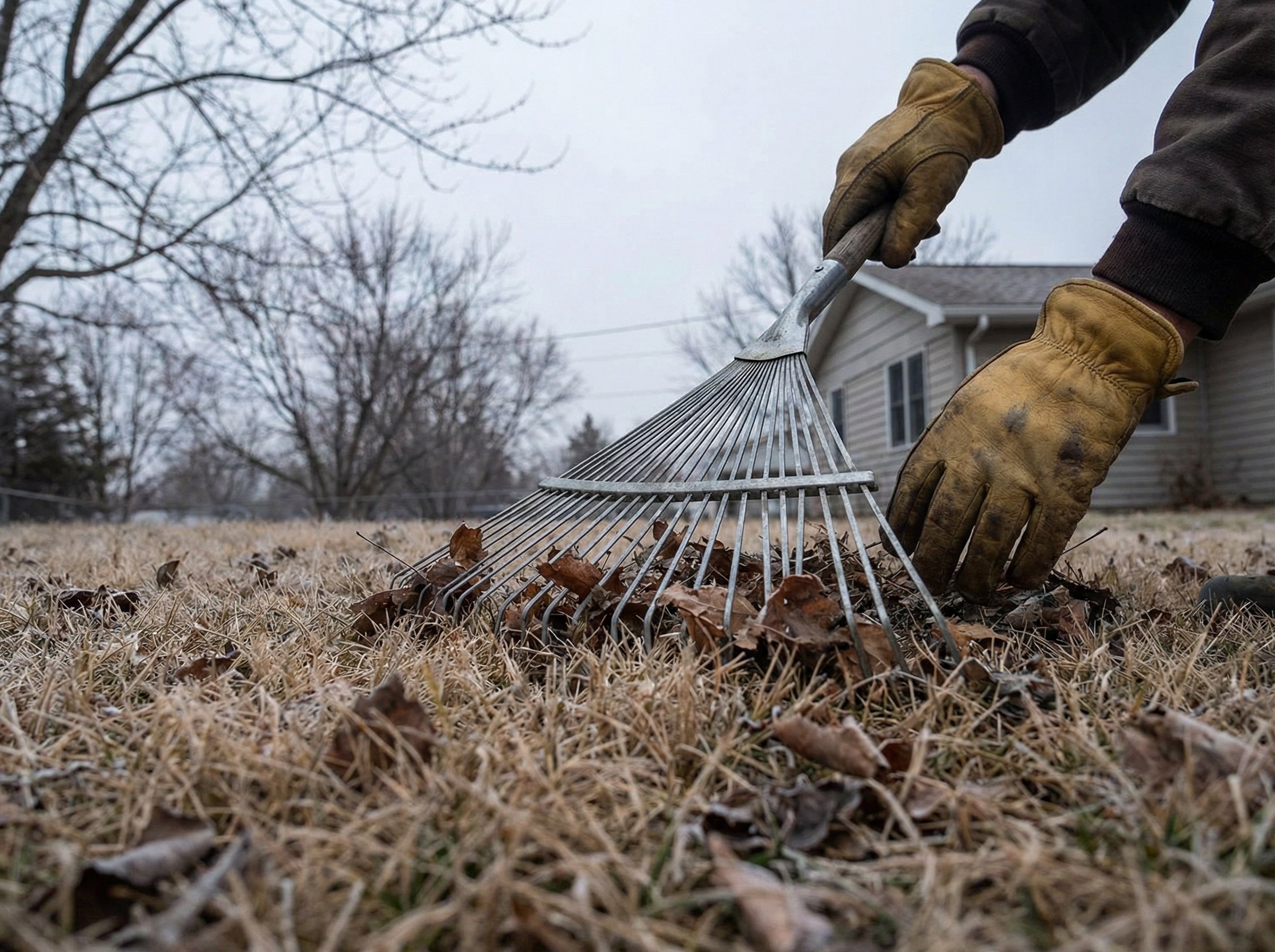 Professional lawn care technician repairing dead grass patches with fresh soil and new grass seed