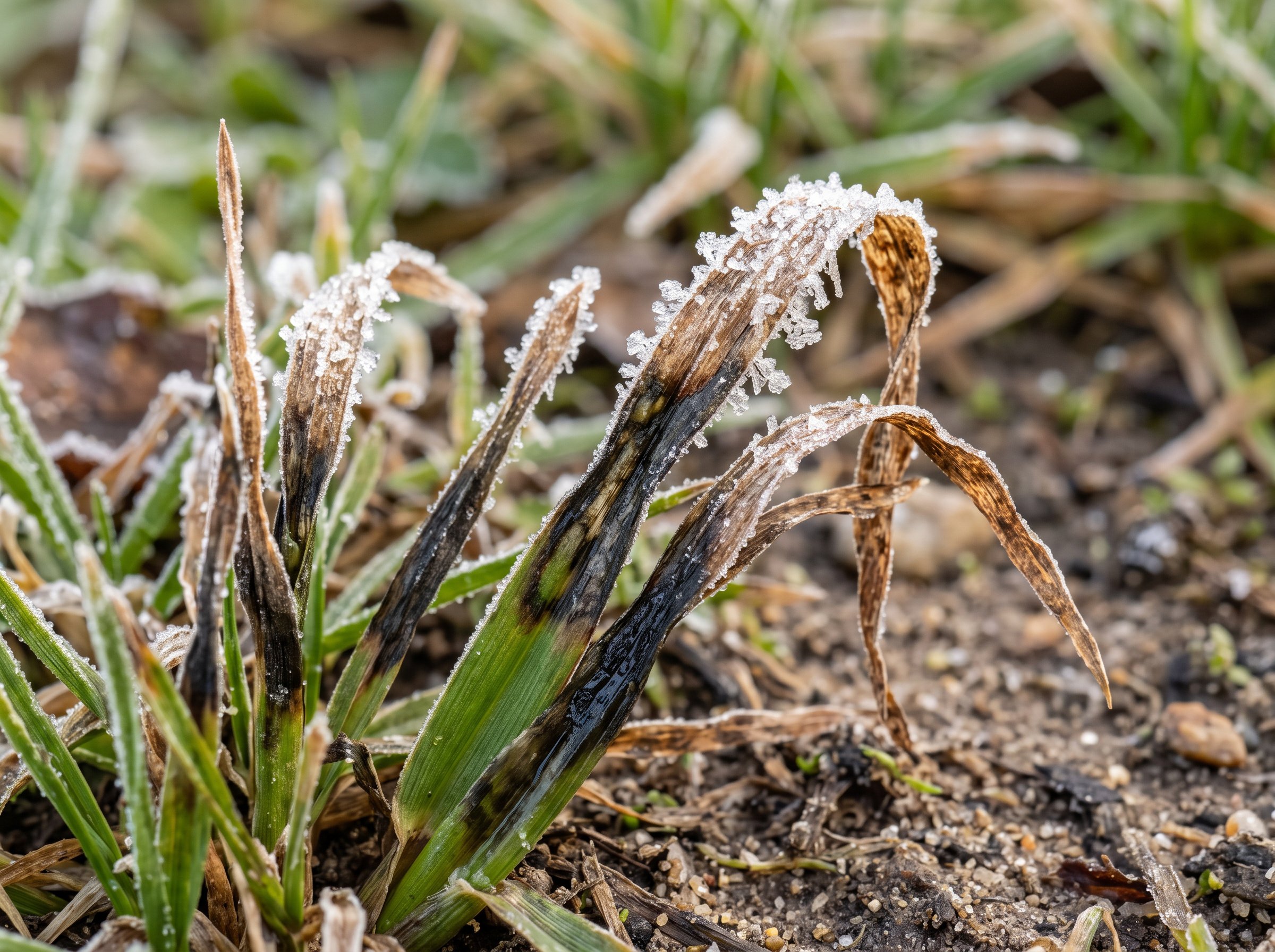 Frost-damaged lawn with brown patches showing winter damage recovery process