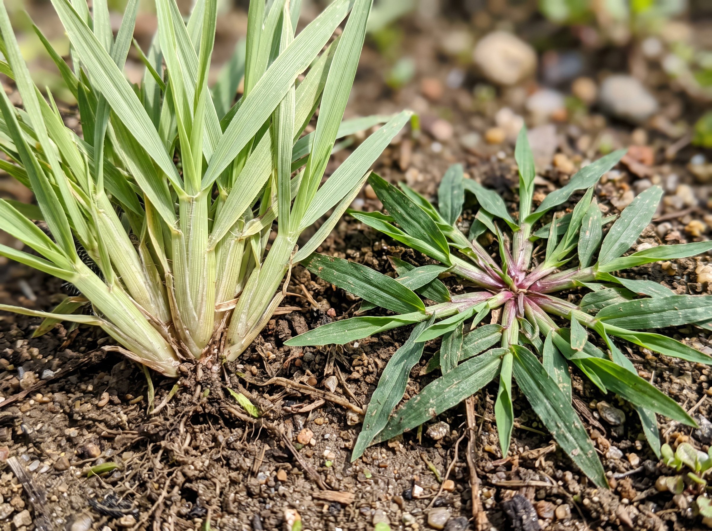 Closeup comparison of goosegrass vs crabgrass identification showing leaf structure differences