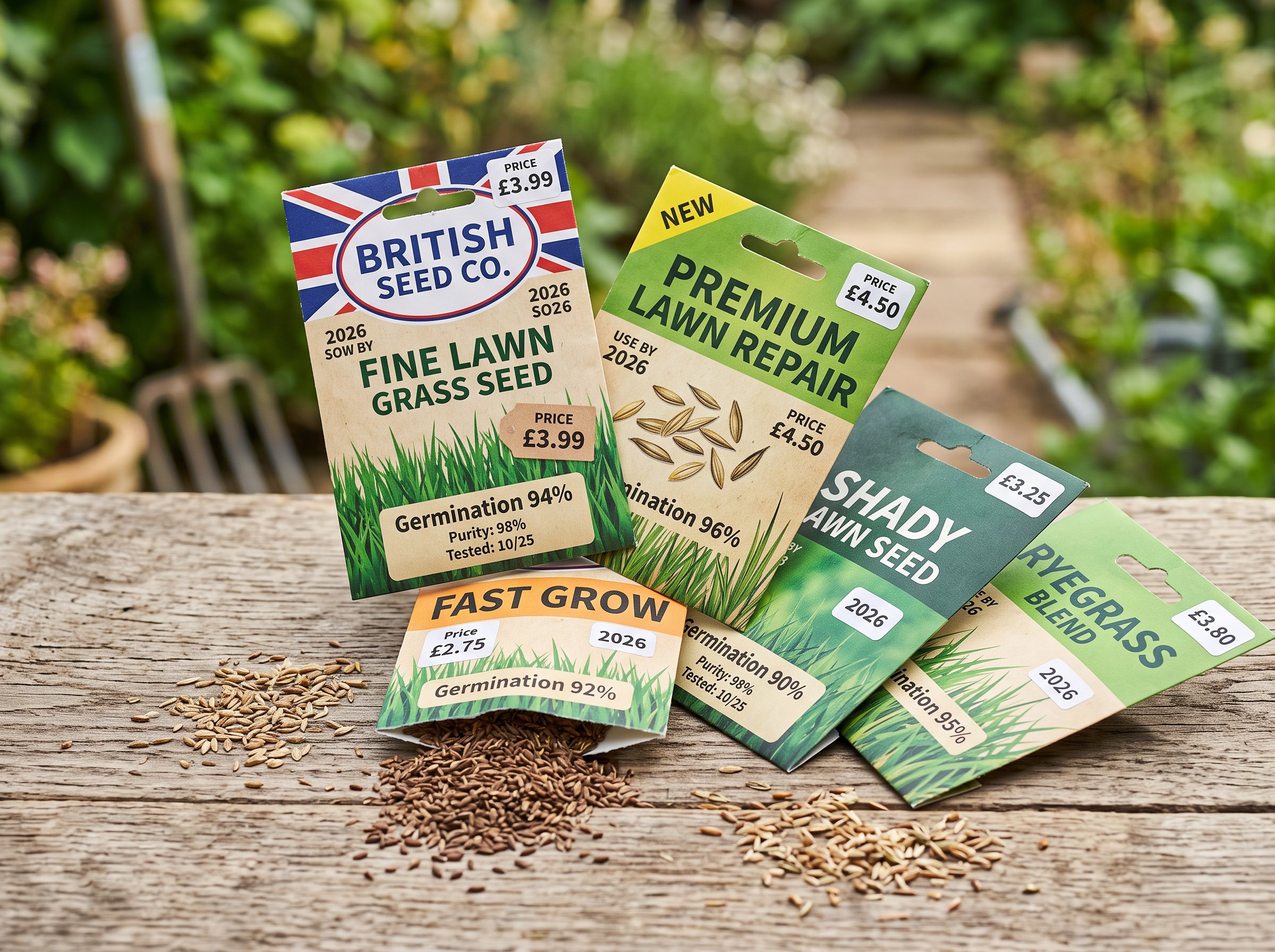 Comparing grass seed prices 2026 bags on a lawn care workbench