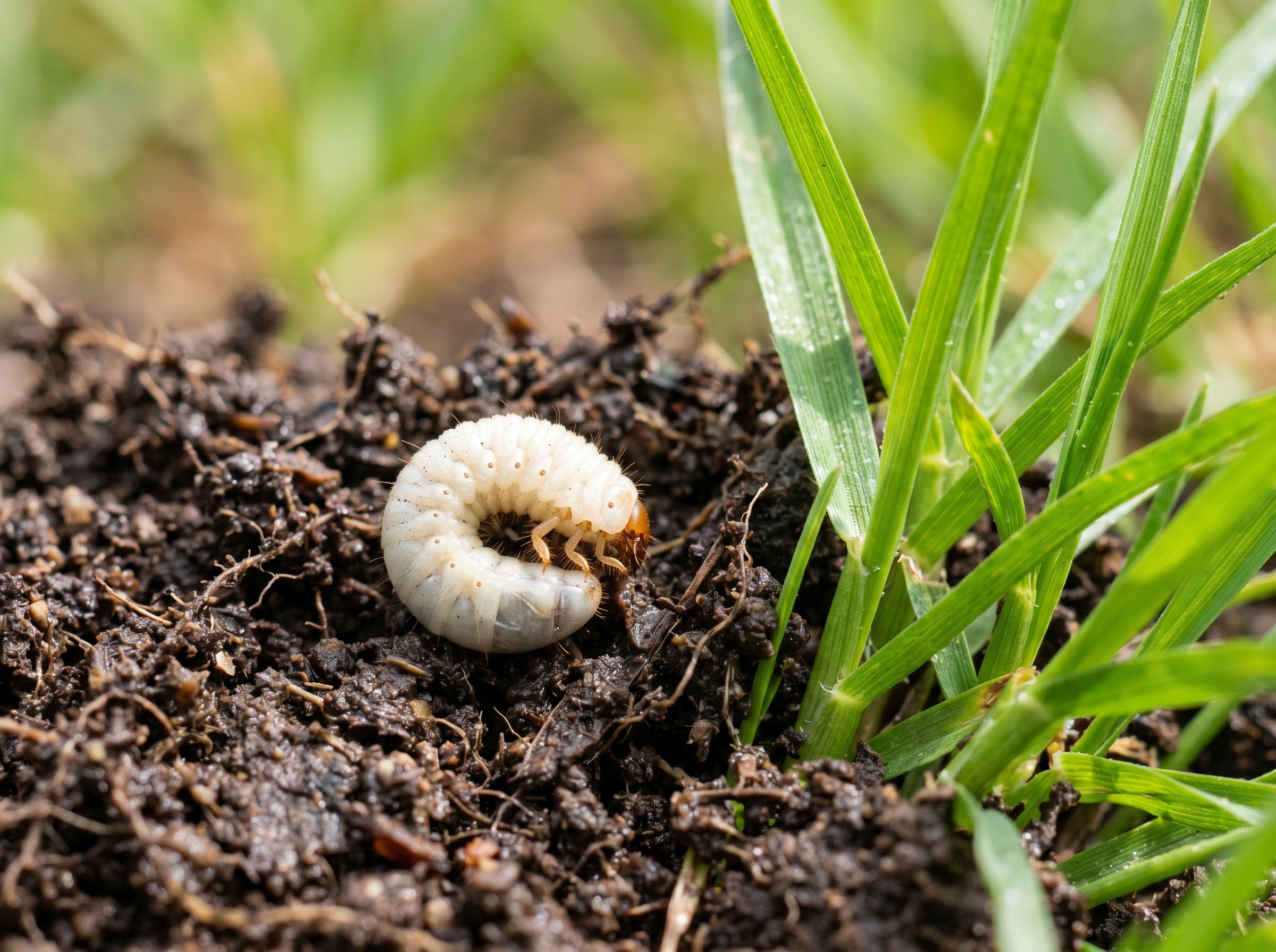 Macro close-up of a small white C-shaped grub on dark soil beside healthy green grass blades.