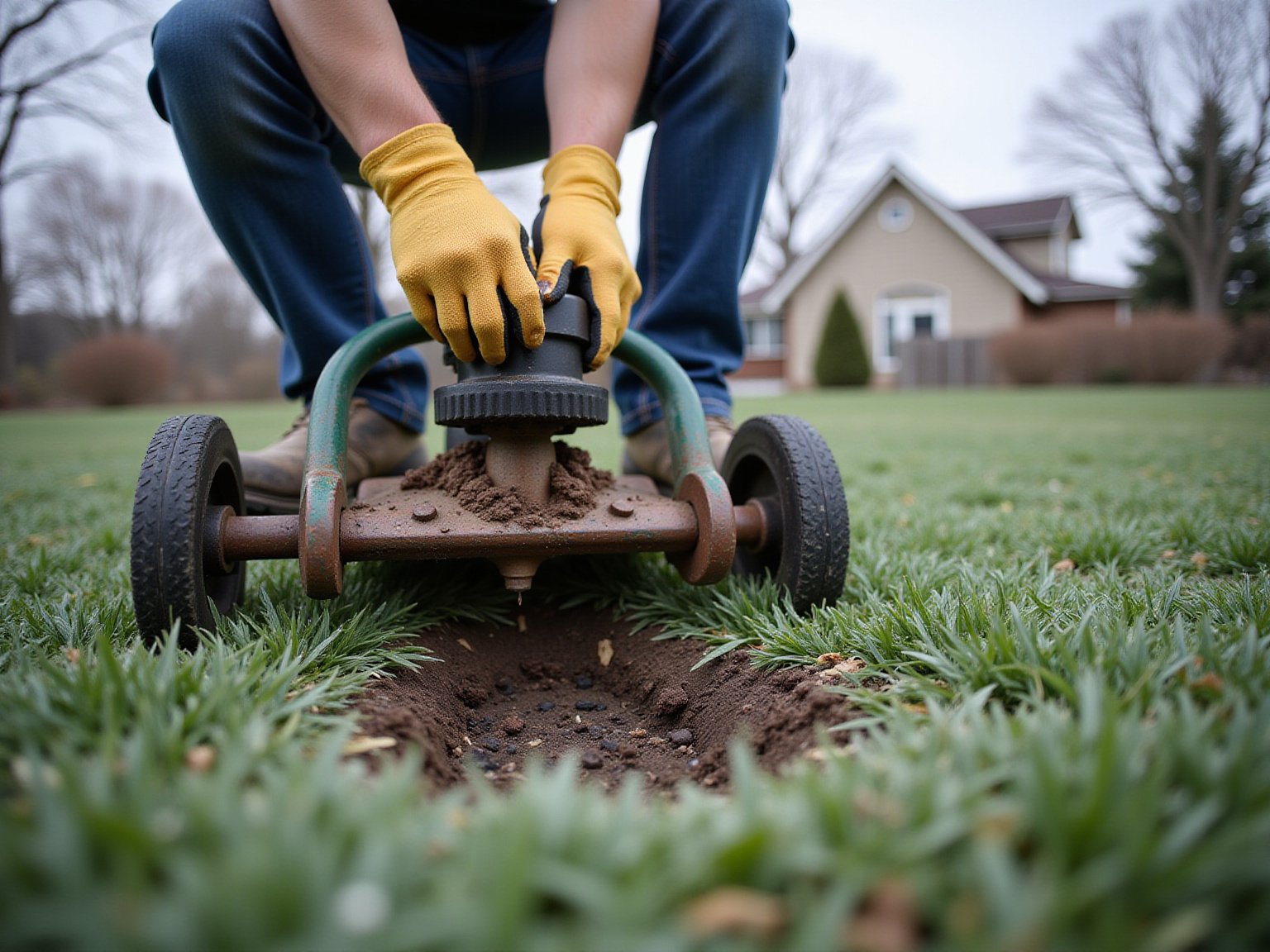 Close-up of lawn aeration holes showing soil plugs and grass roots