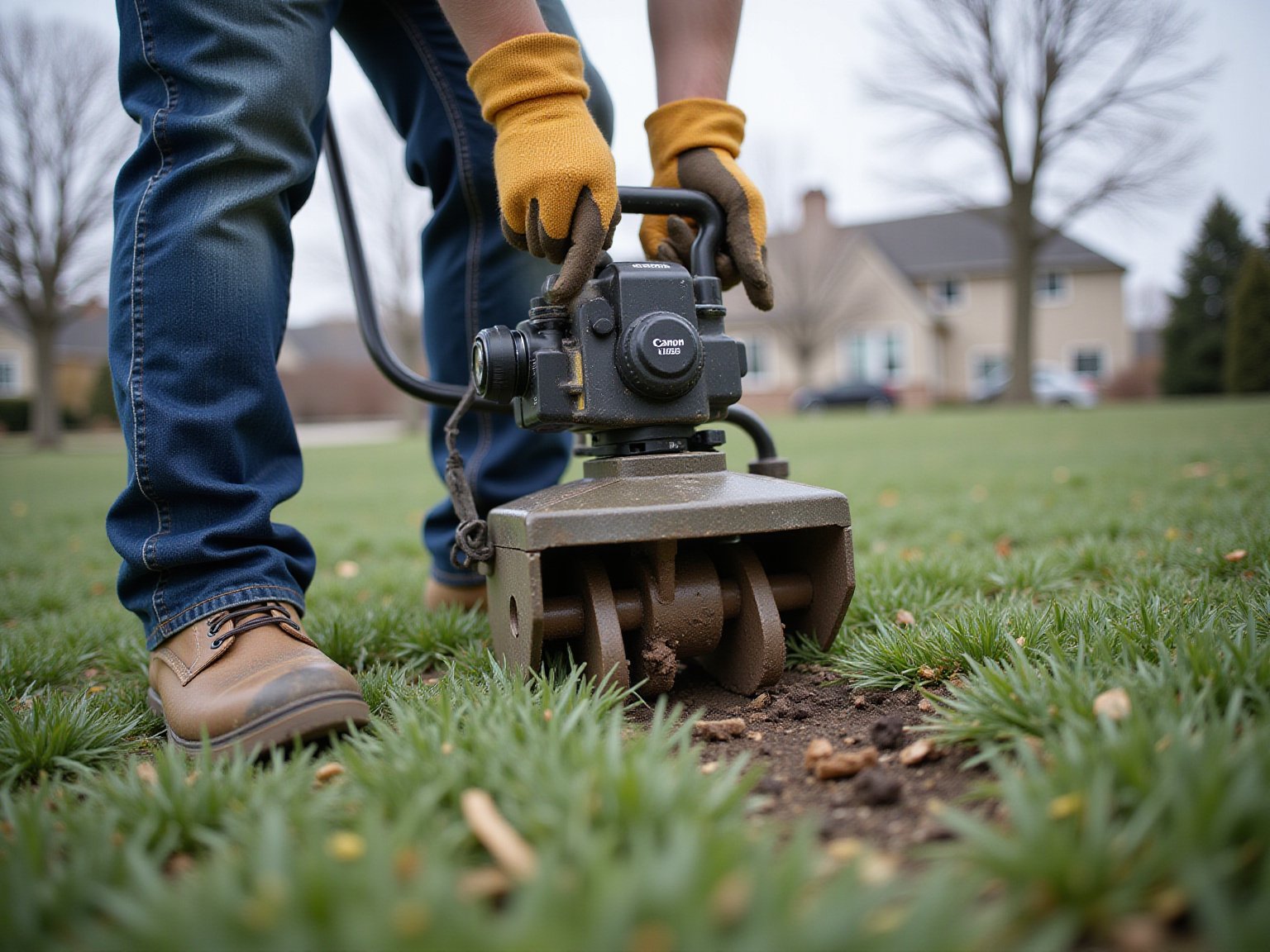 Close-up of lawn aeration holes showing soil plugs and grass roots