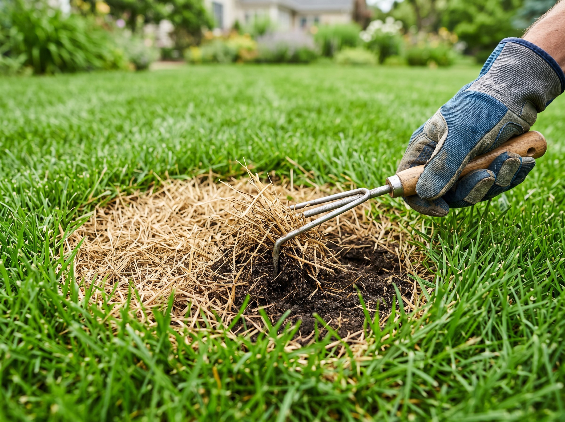 Gloved hand using a hand cultivator to rake dead straw-colored grass out of a brown patch surrounded by healthy green turf