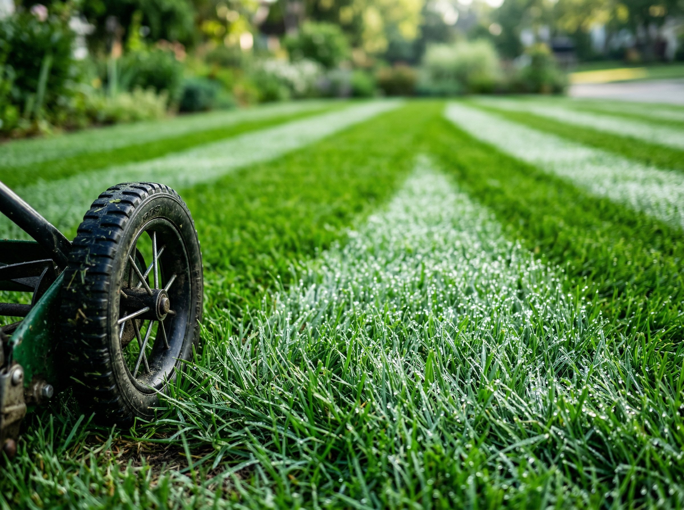 Detailed view of How to Stripe Your Lawn Like a Golf Course technique on green lawn