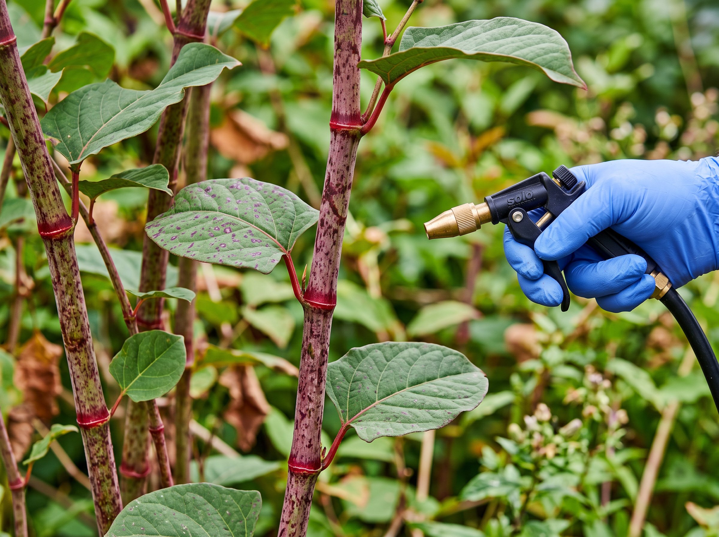 Step-by-step application of japanese knotweed killer to invasive plant growth