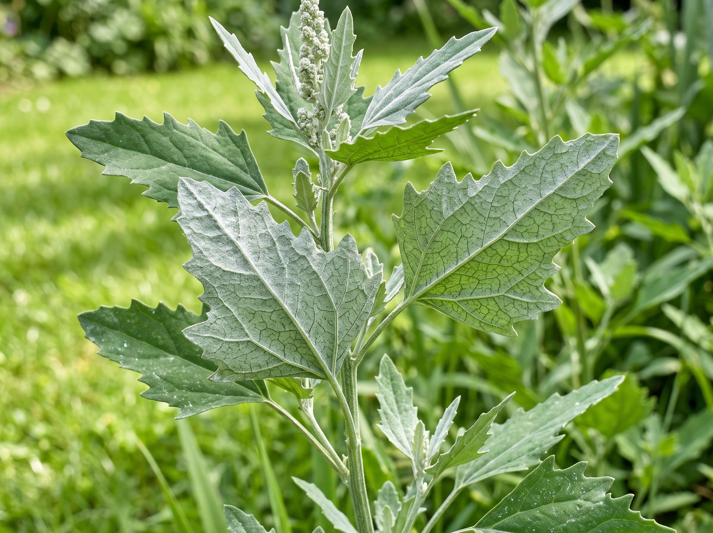Close-up view of lamb's quarters weeds growing in lawn grass