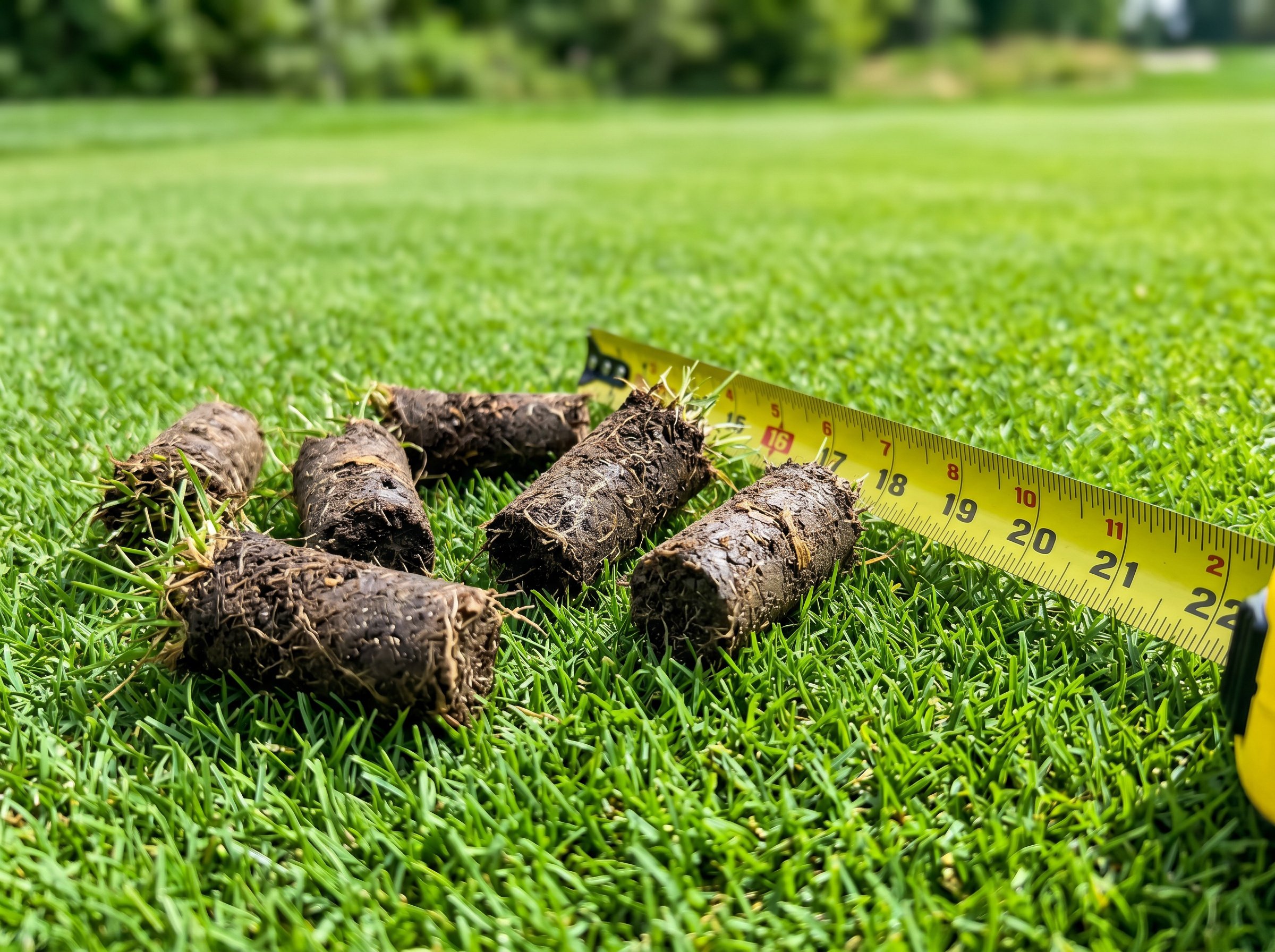 Lawn technician guiding a gas-powered core aerator across a suburban front yard with soil cores scattered behind