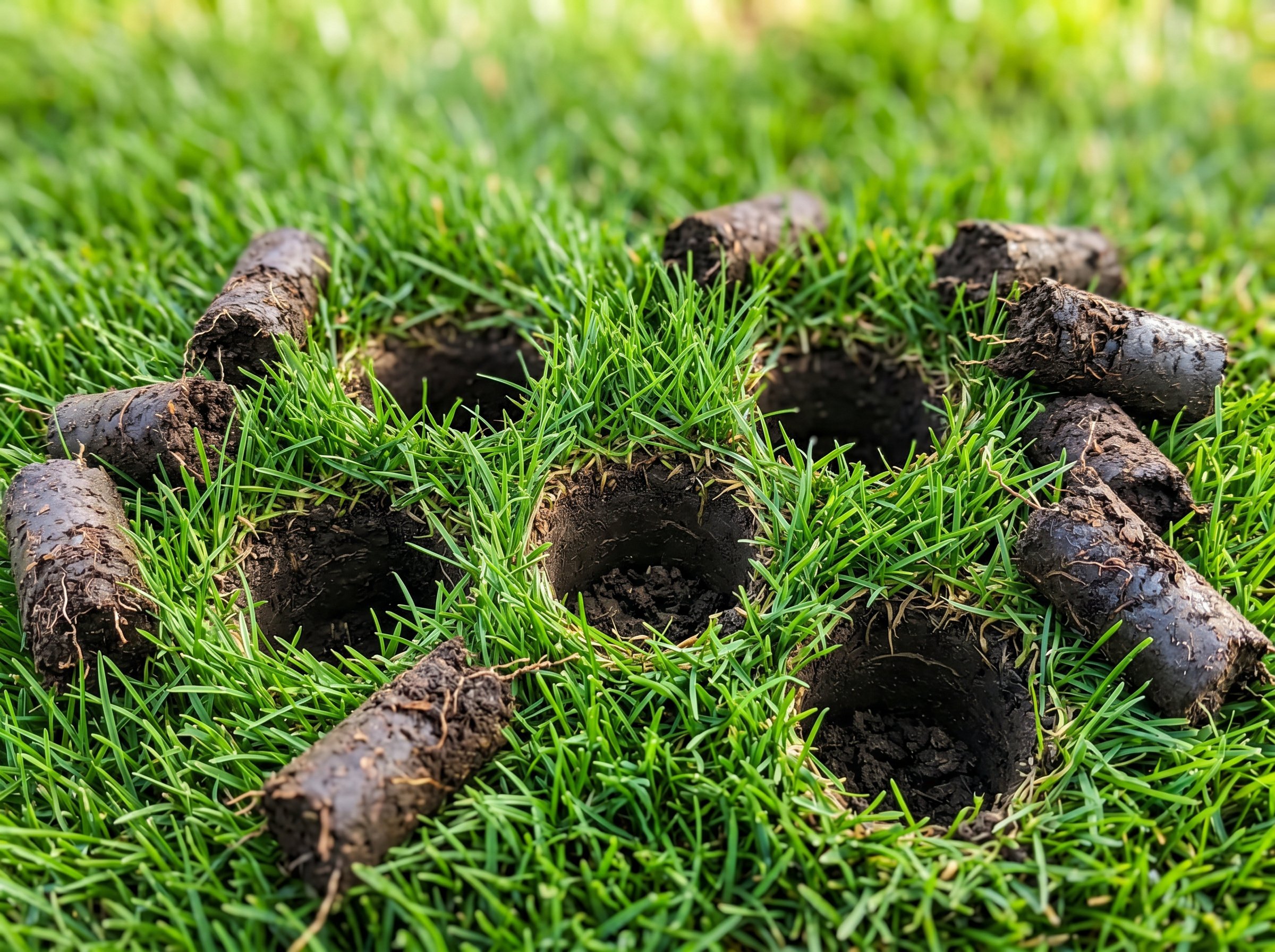 Close-up of core aeration holes in dense green turf with cylindrical soil plugs resting on the grass