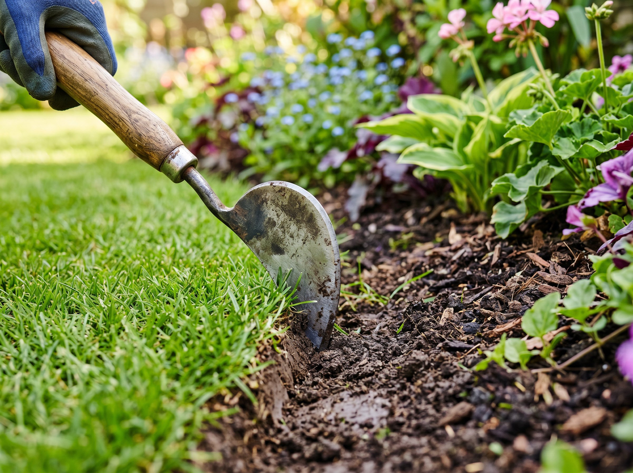 Homeowner cutting a clean trench edge between turf and a garden bed with a half-moon edger