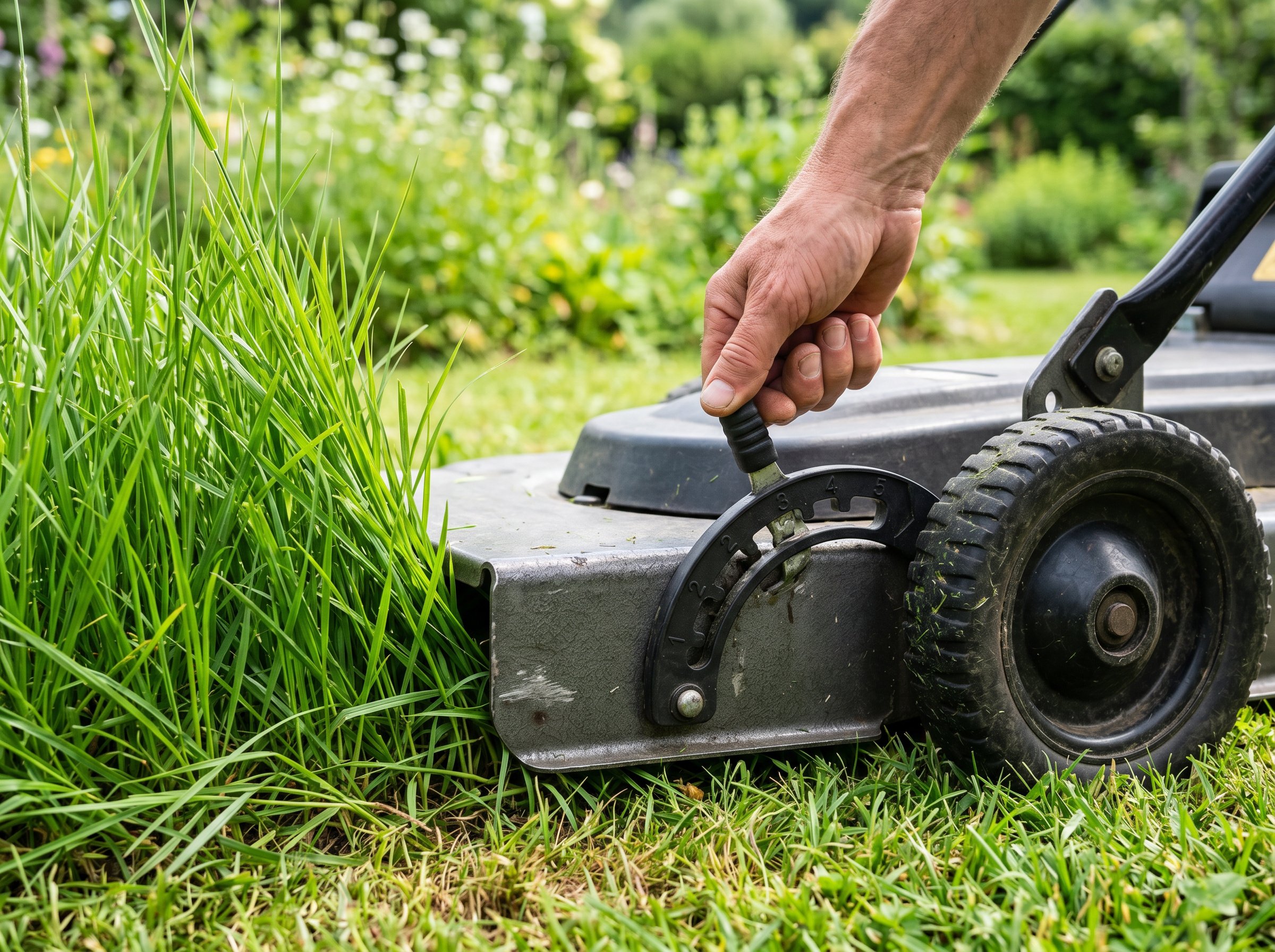 Hand adjusting the cutting height lever on a mower deck beside dense midsummer grass