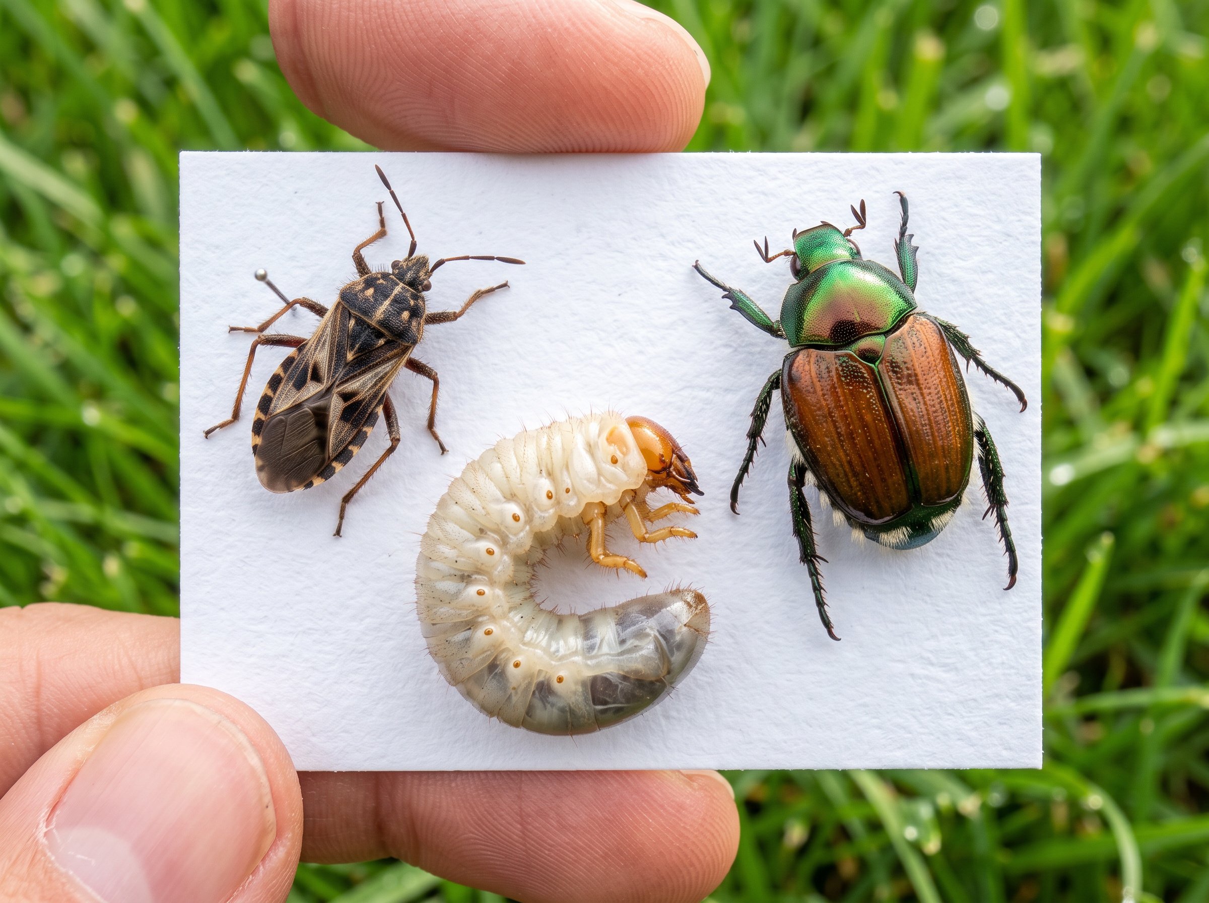 Lawn pest identification guide showing common insects and damage patterns on grass