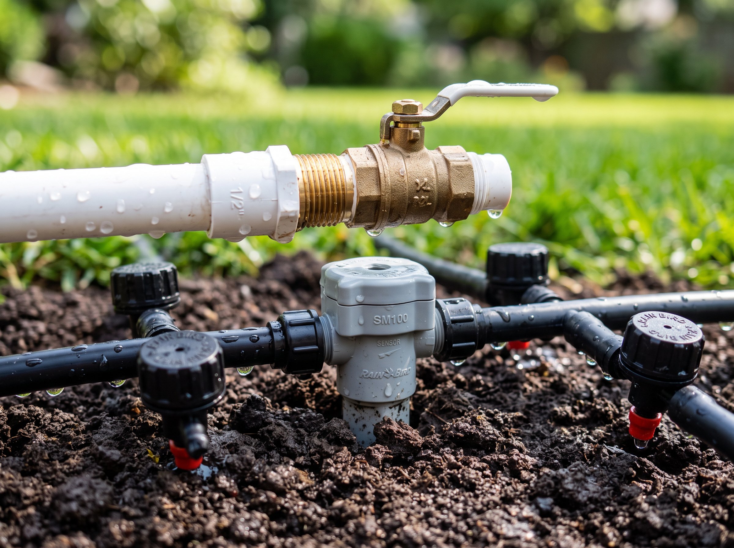 Professional lawn sprinkler system setup with underground irrigation lines and spray heads installed in residential yard