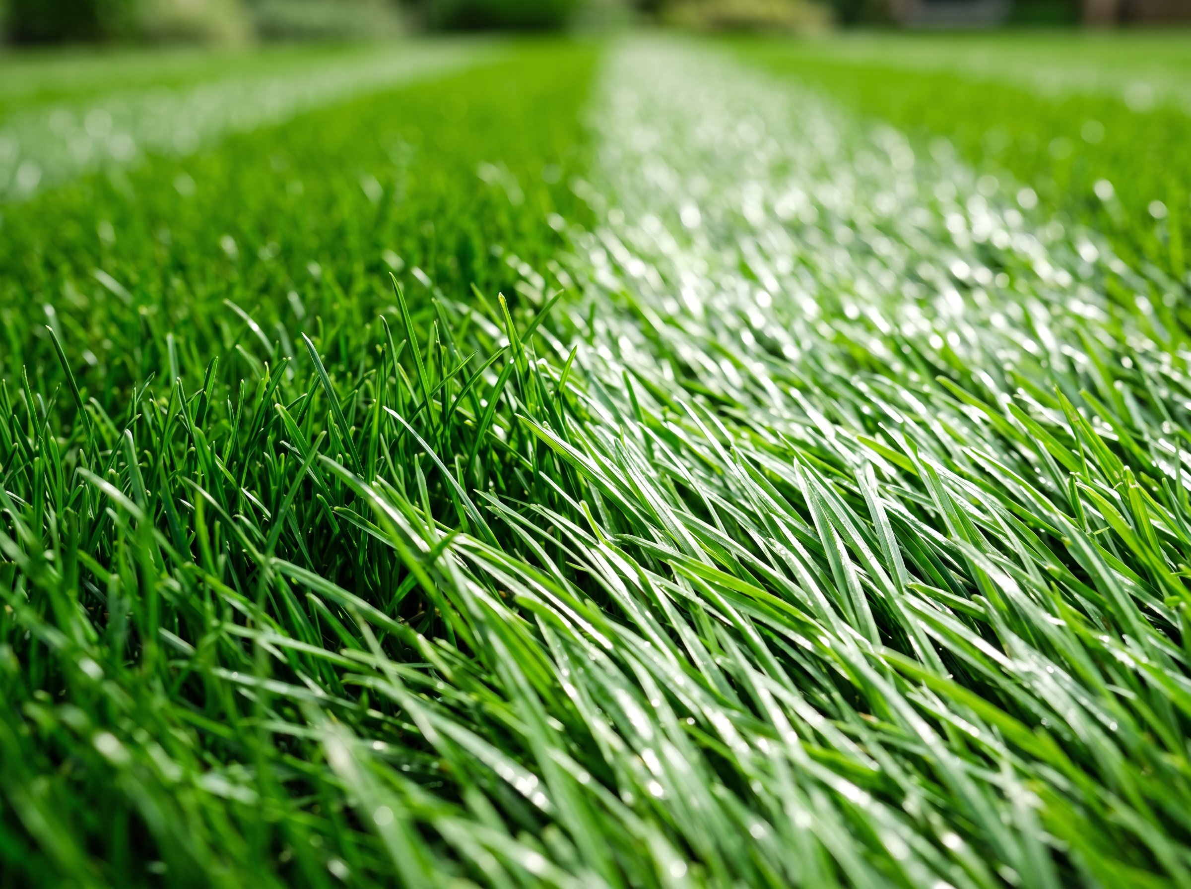 Professional lawn striping with alternating light and dark stripe patterns on residential grass