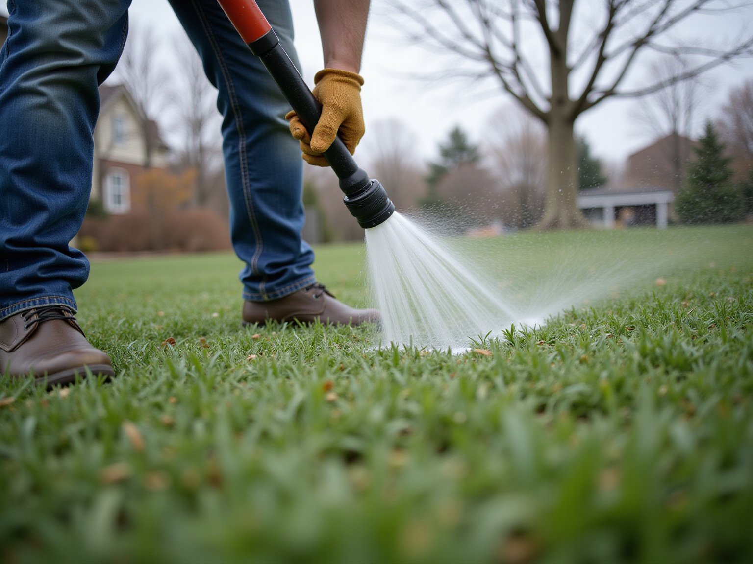 Water droplets on grass blades showing proper lawn irrigation