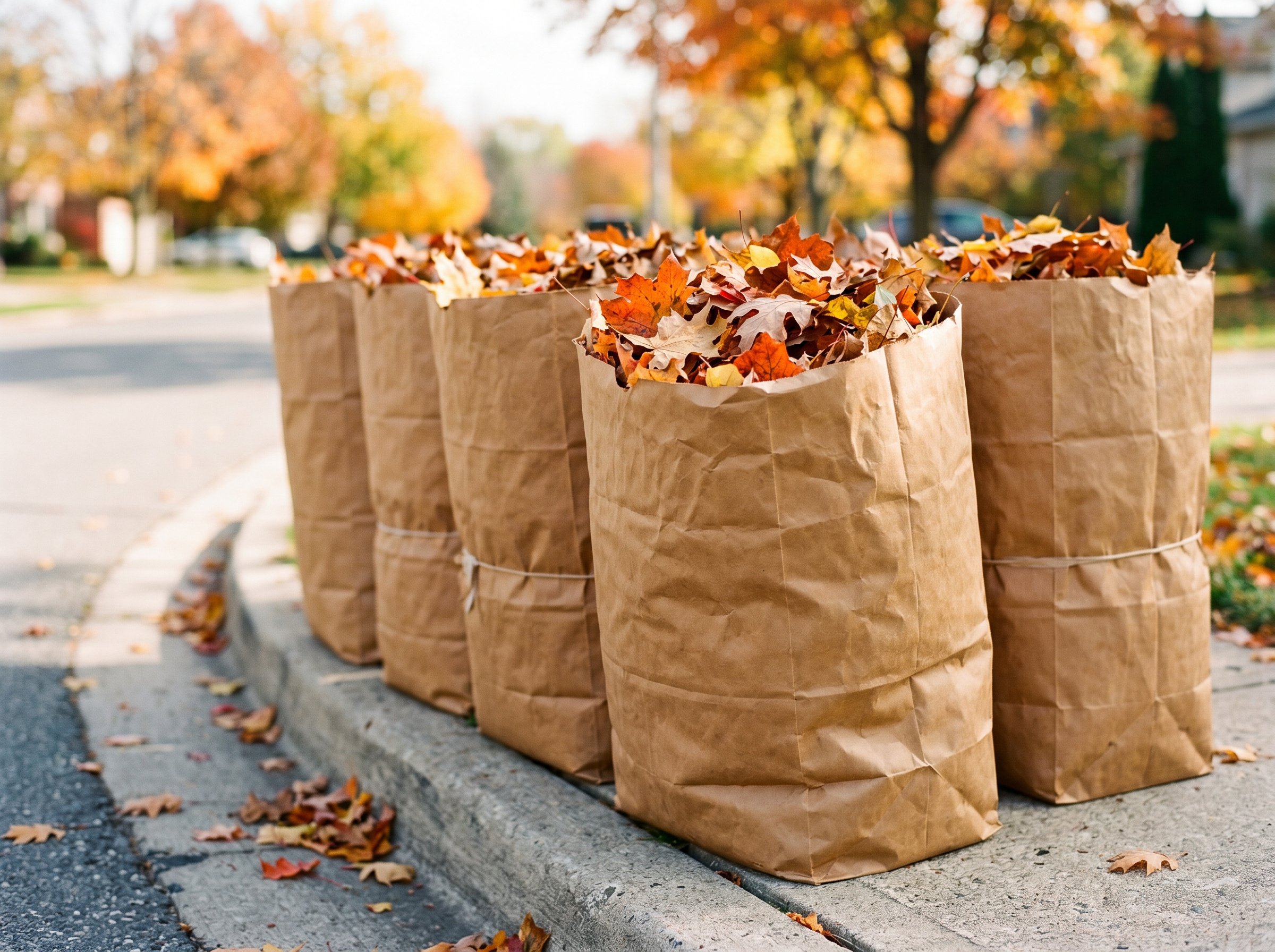 Landscaper clearing scattered fall leaves from a lawn with a backpack leaf blower