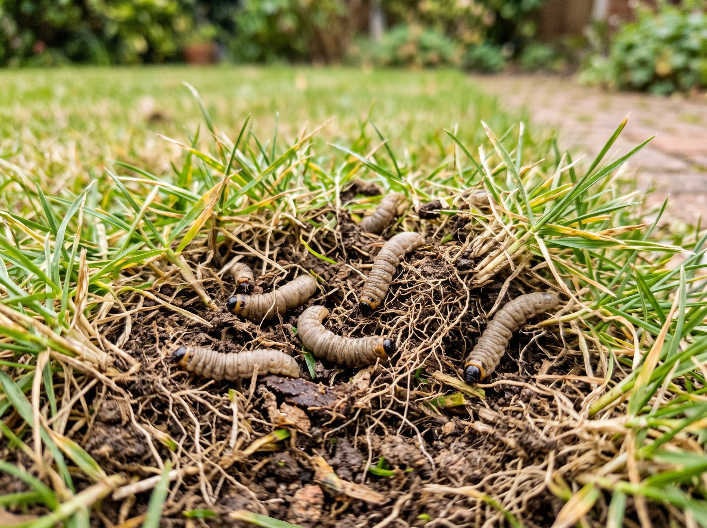 Leatherjackets crane fly larvae damage on lawn showing brown patchy grass areas in summer