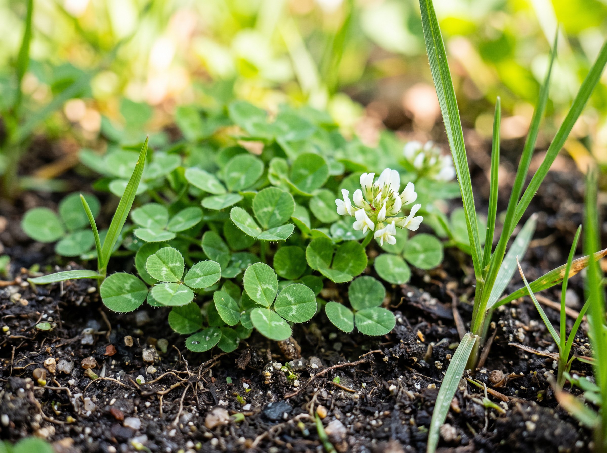 Microclover lawn pros and cons shown in healthy green grass with white clover flowers