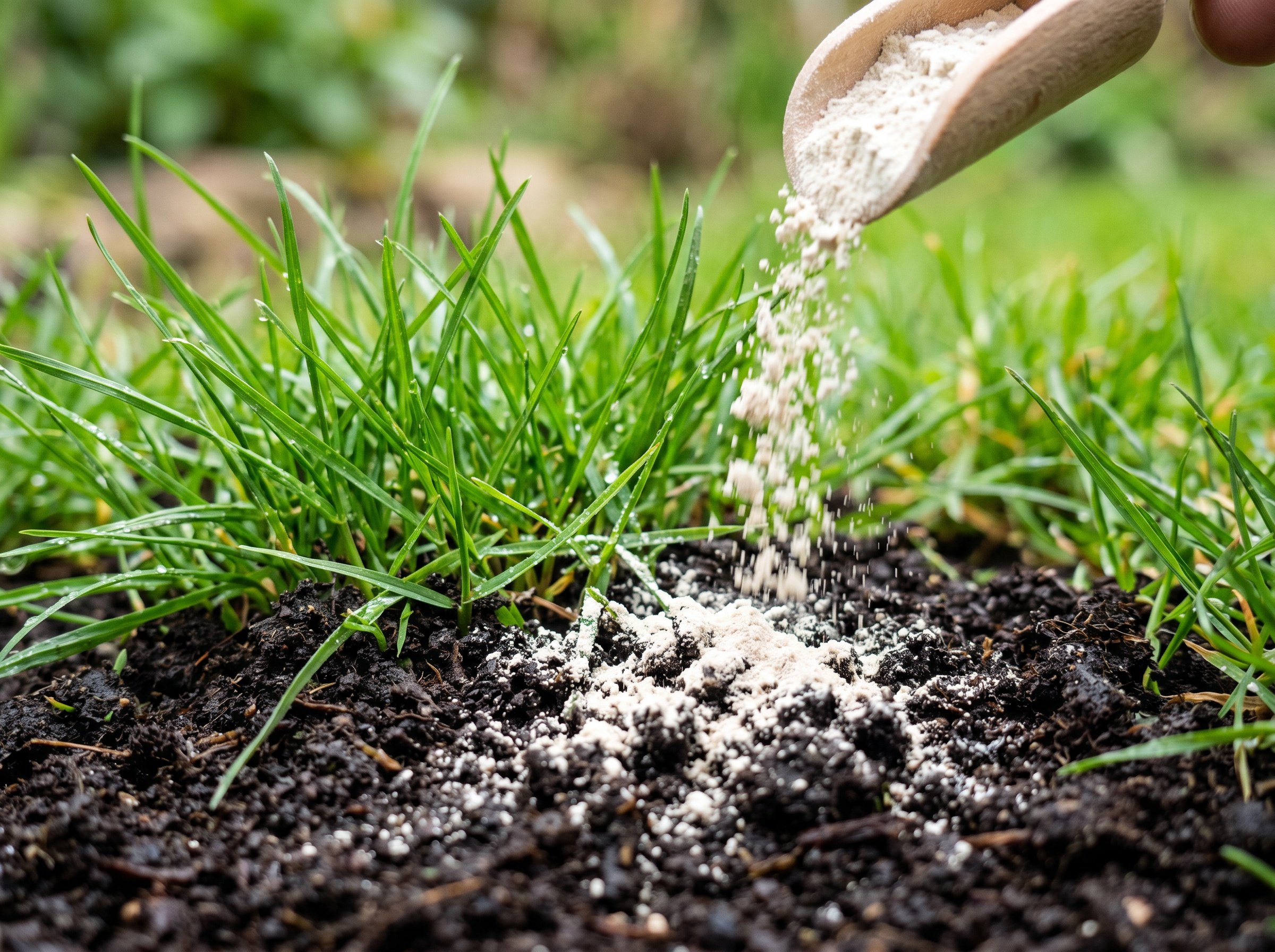 Close-up of pale milky spore powder being sprinkled onto dark soil at the base of green grass.