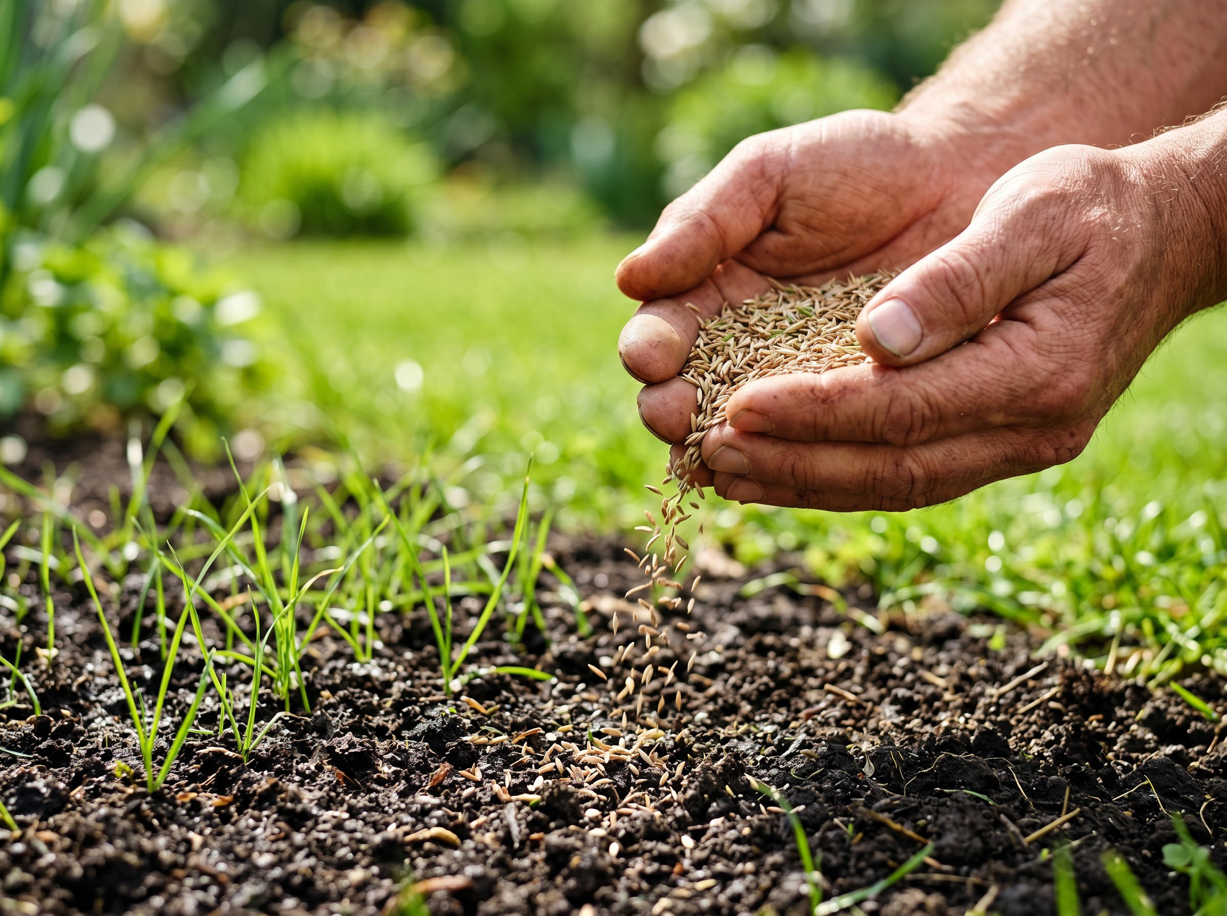 Lawn care technician guiding a slit seeder across a patchy backyard lawn in clear daylight
