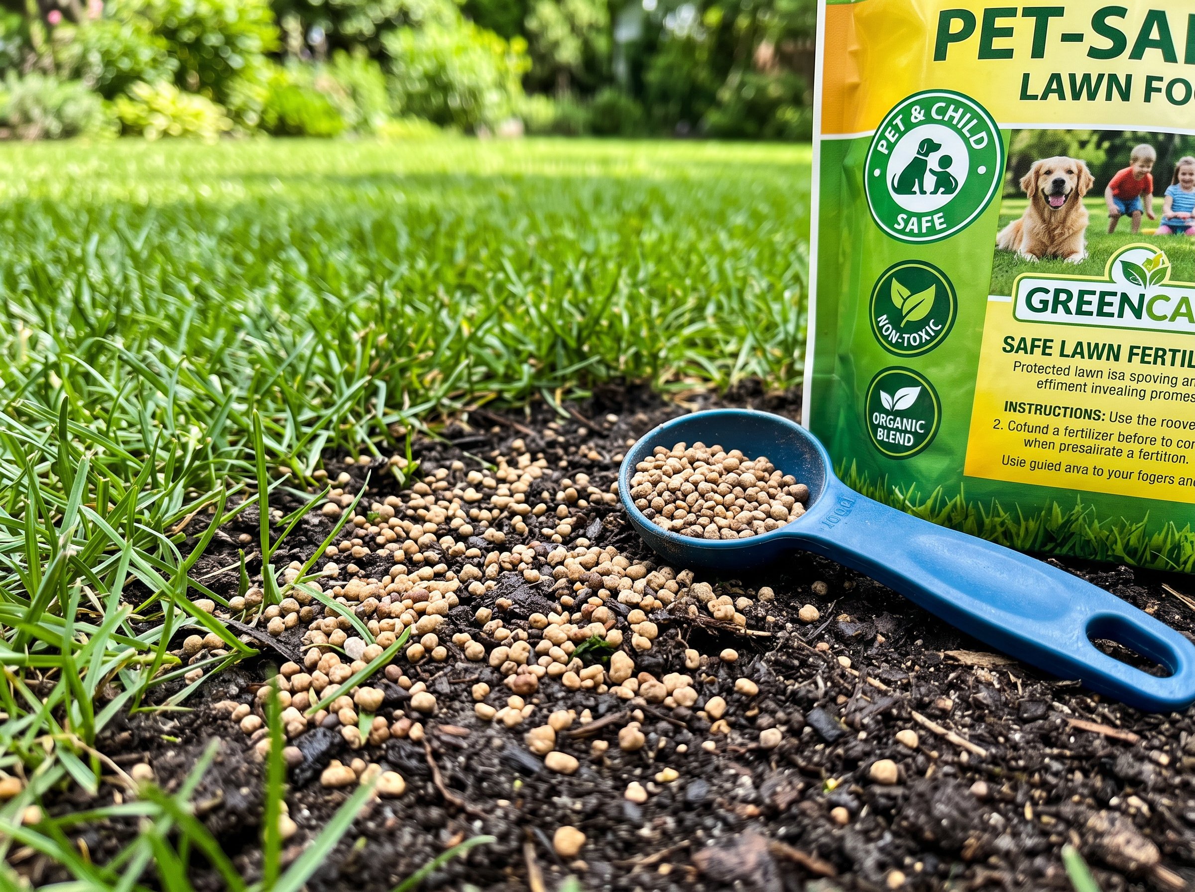 Pet safe lawn care application near a playing dog and garden area