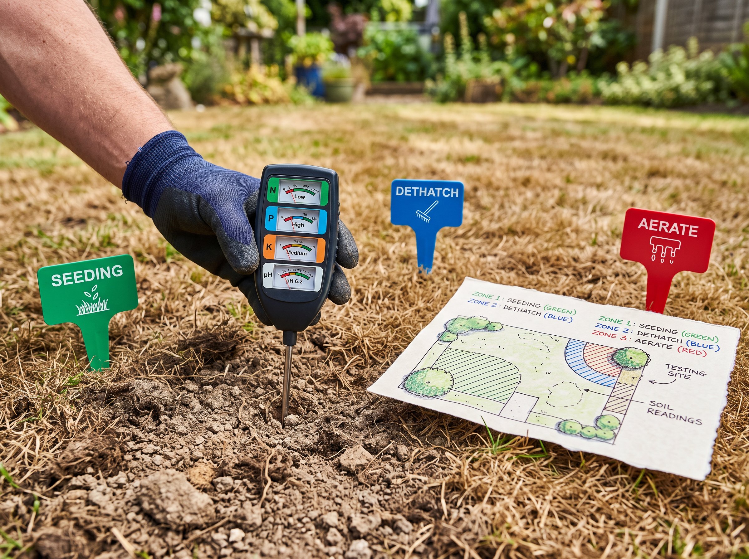 Planning spring lawn renovation with soil testing and yard assessment