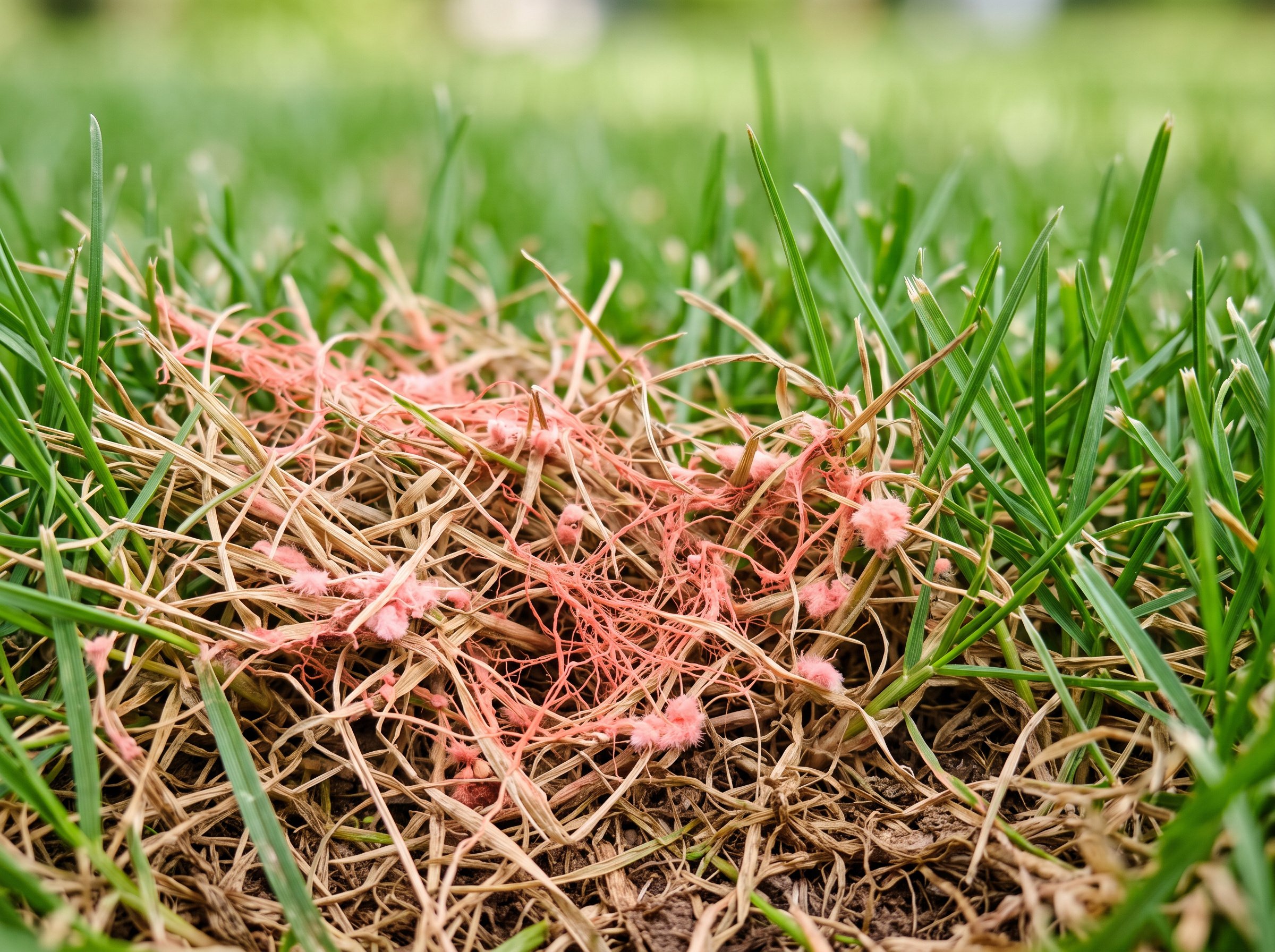 Close-up of red thread lawn disease showing pink fungal patches on grass blades in a damaged yard section