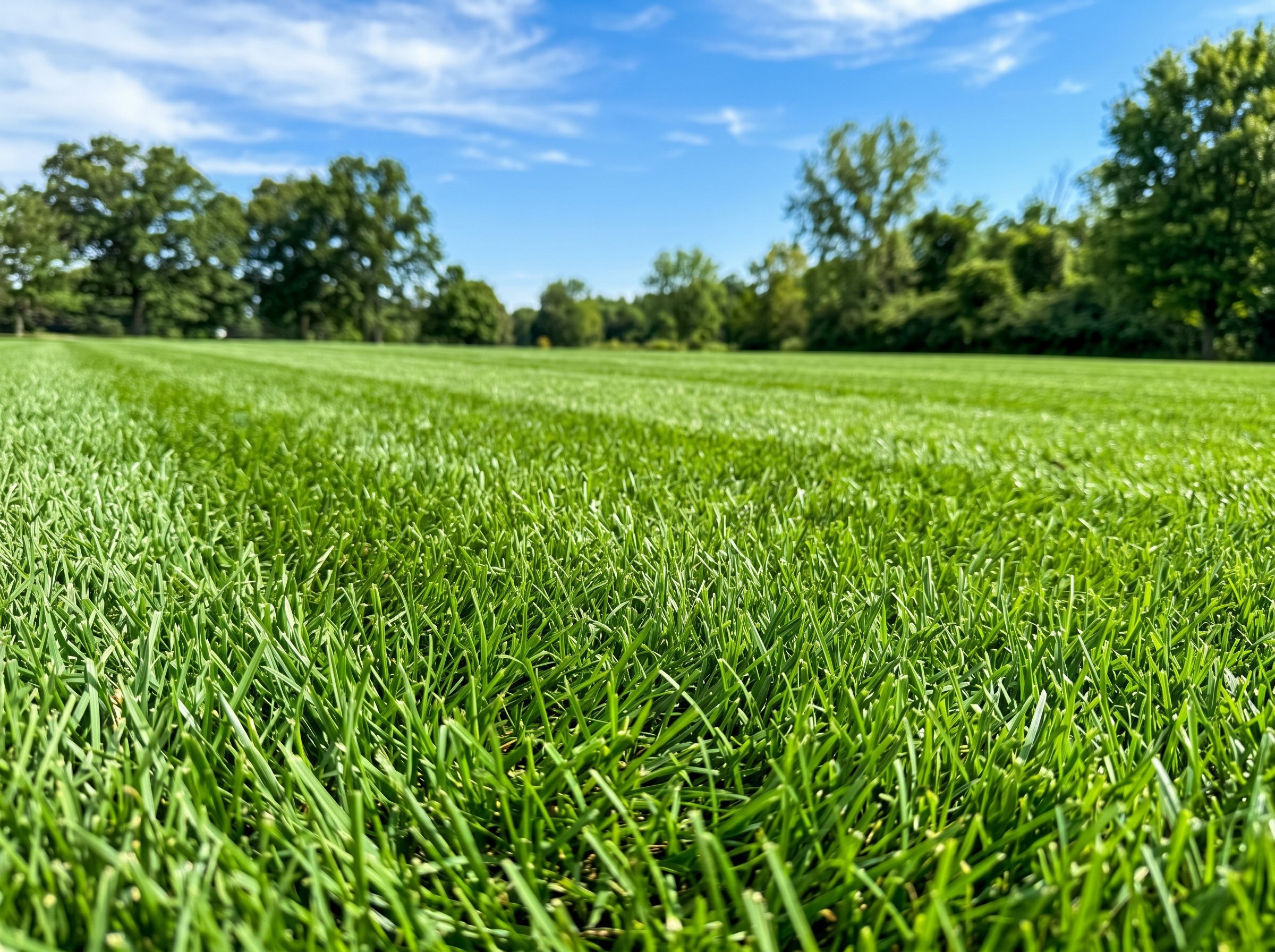 Close-up of a lush, freshly mown green lawn with visible mowing stripes under a clear blue sky.