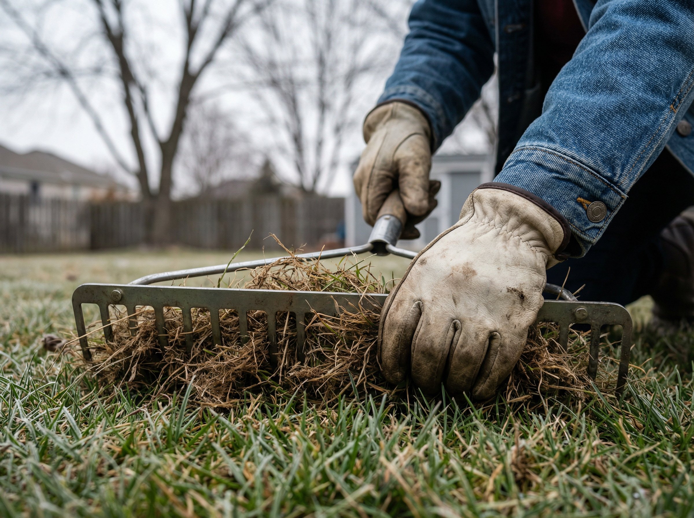 Lawn thatch layer exposed showing dethatching process