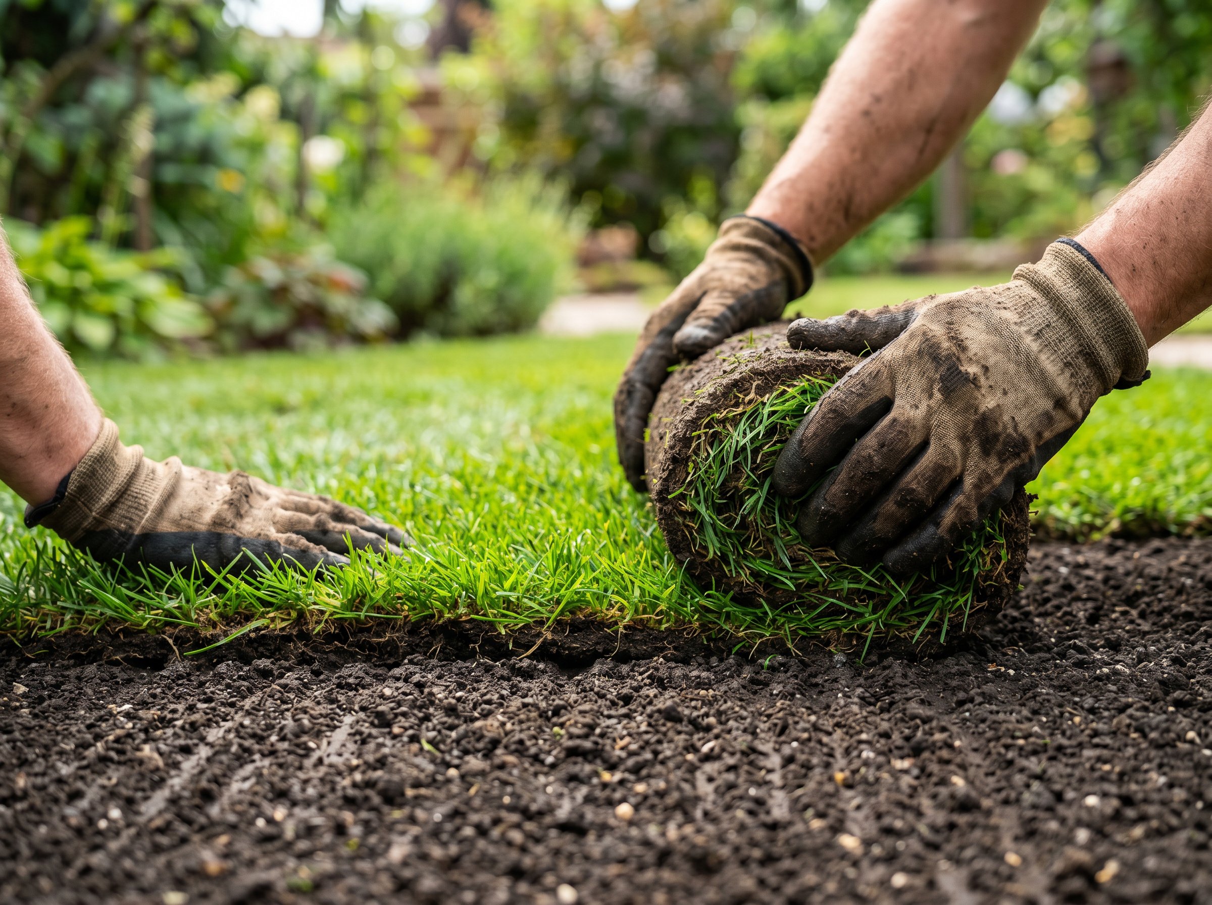 Landscaper unrolling a strip of sod along a prepared soil bed with staggered seams