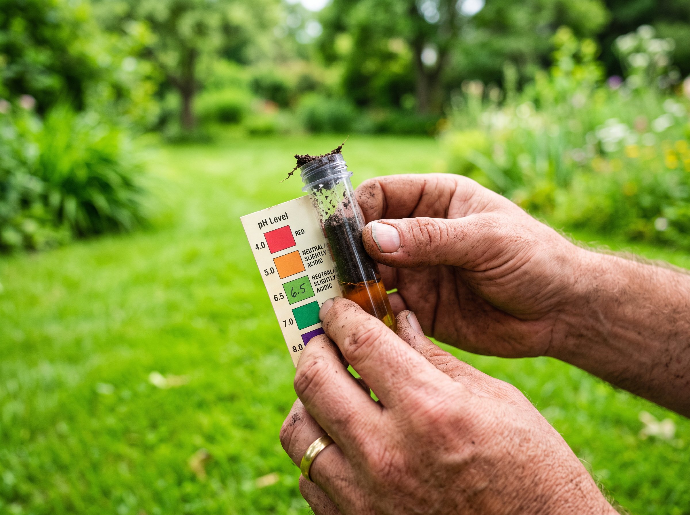 Step-by-step soil testing for lawns showing hand collecting soil sample with trowel from lawn