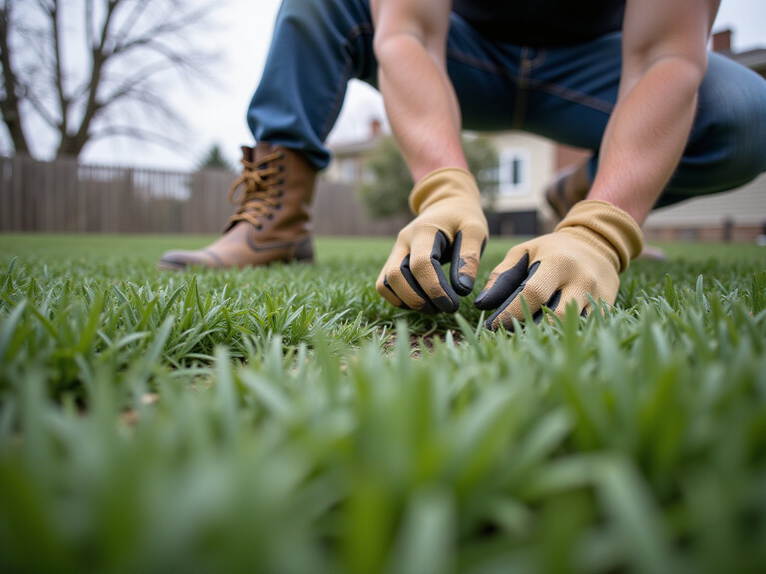 Detail view of spring lawn prep technique on residential lawn