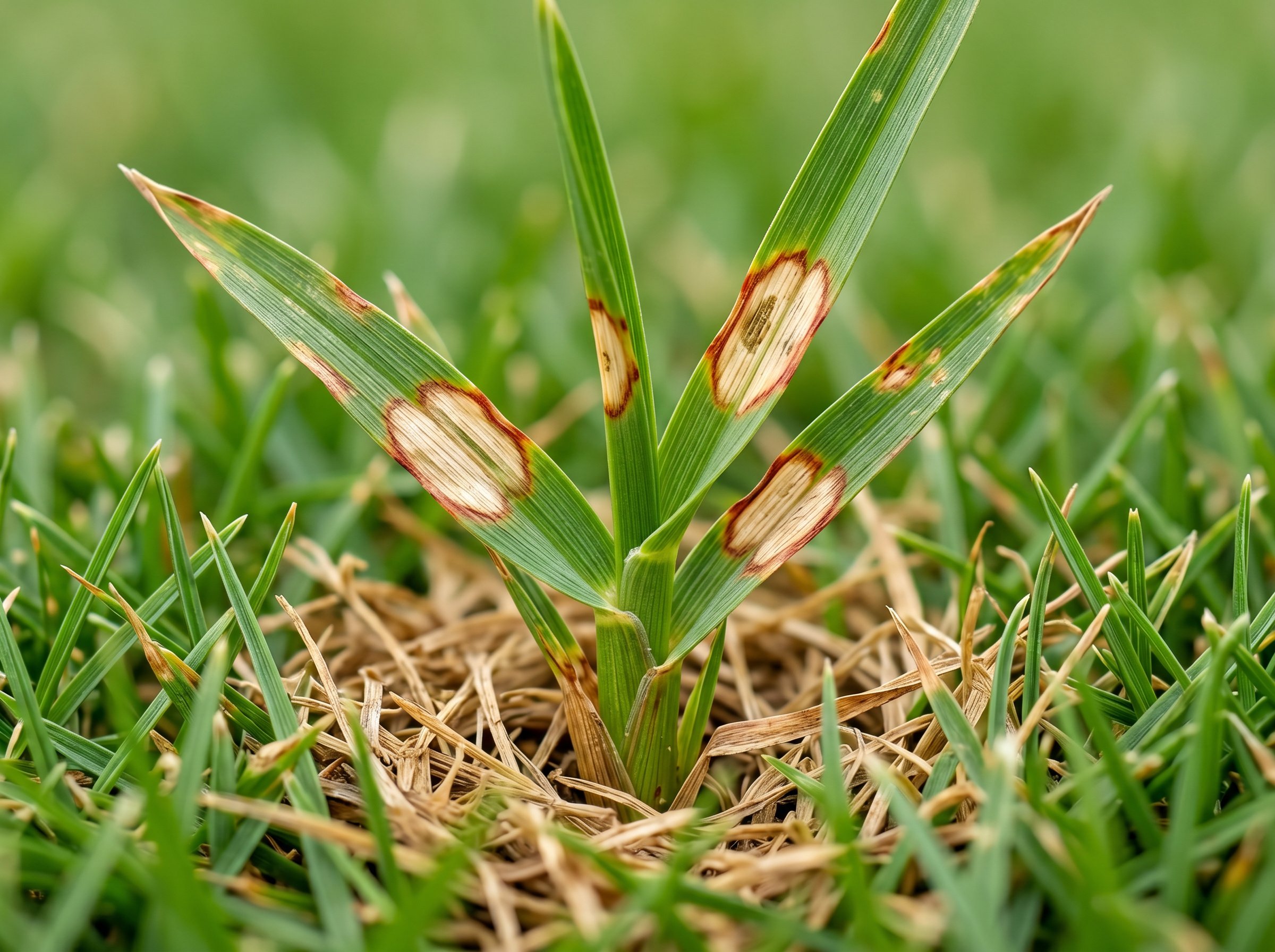 Close-up of grass blades showing tan lesions with reddish-brown borders typical of dollar spot