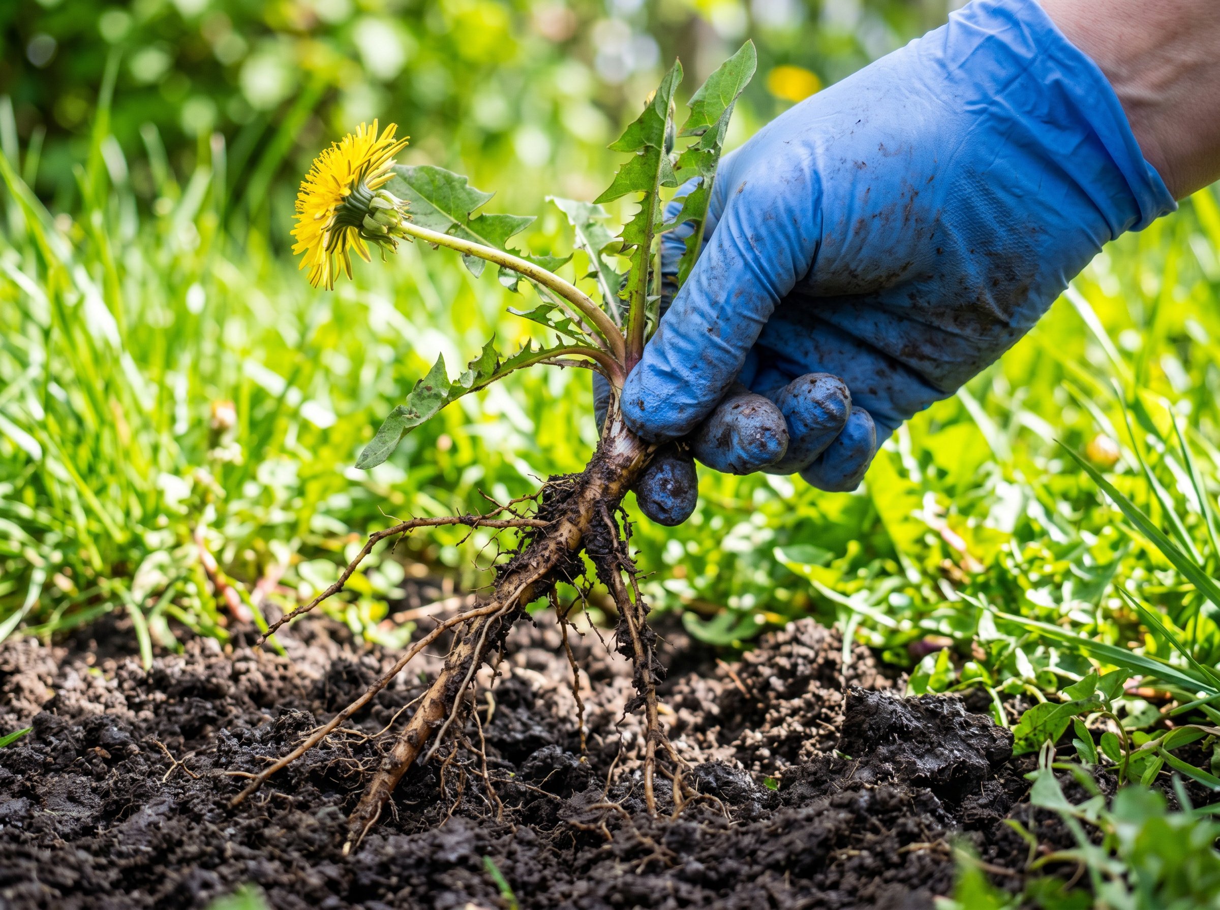 Gloved hand pulling a flowering dandelion from the lawn with its taproot and soil still attached