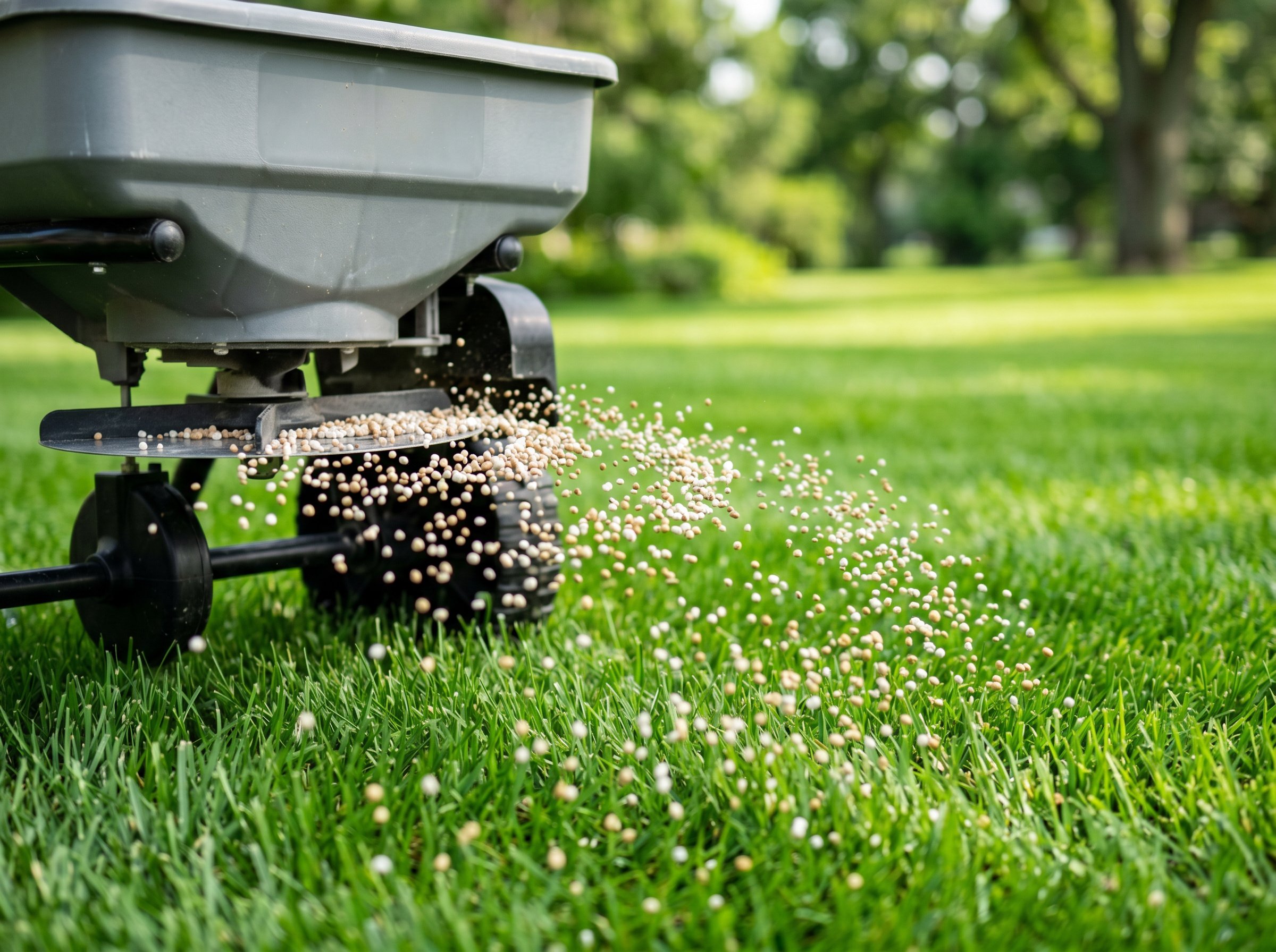 Technician spraying a liquid lawn treatment along the edge of a healthy residential yard