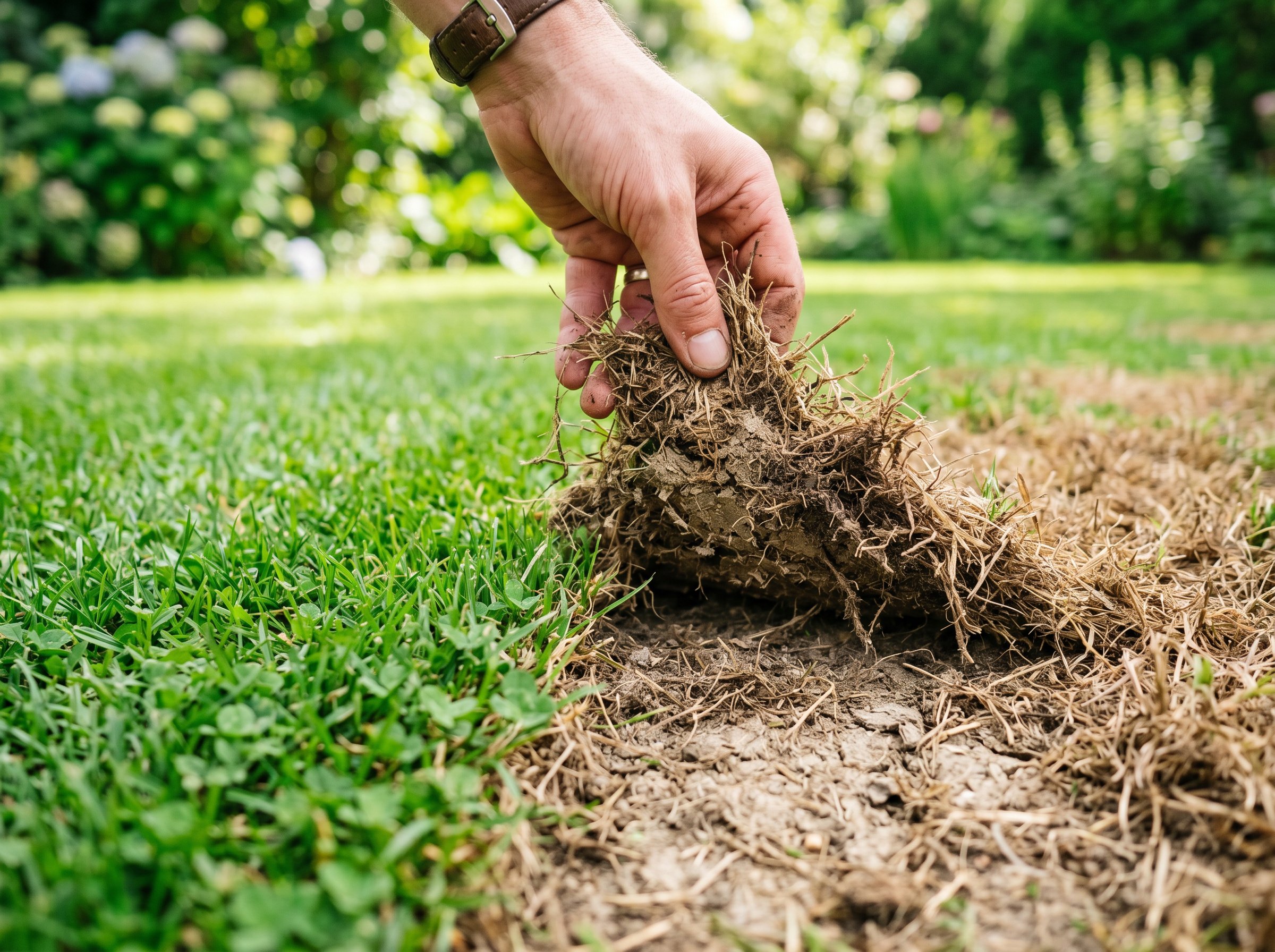 Hand tugging dead grass at the edge of a brown patch, the turf lifting away to reveal bare soil beneath