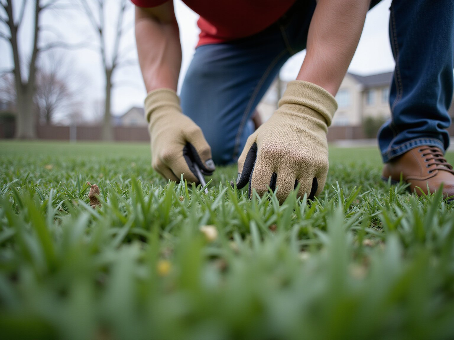 Detail view of What causes dying spots in grass technique on residential lawn
