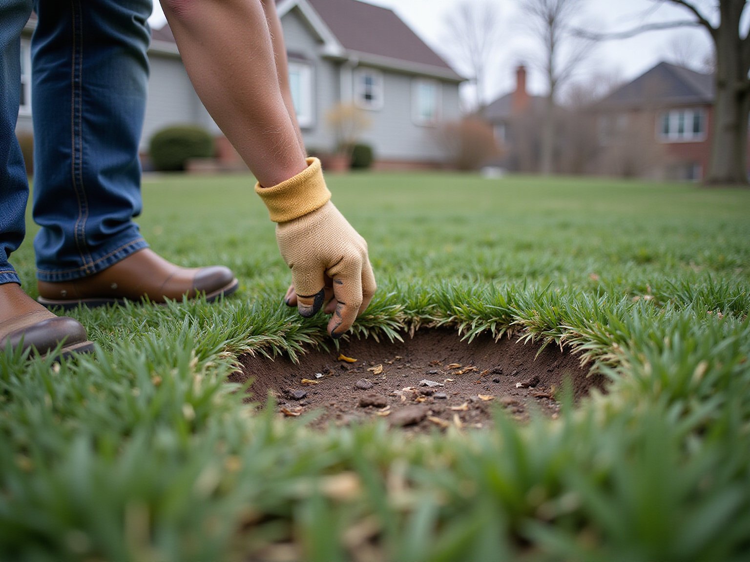 Detail view of What causes patchy in grass technique on residential lawn