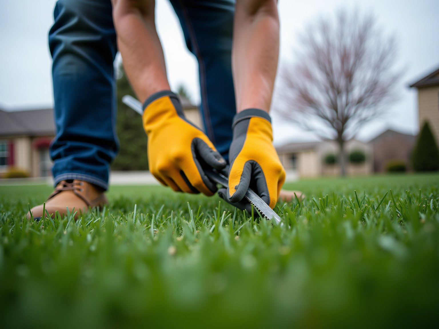 Detail view of What causes yellow spots in grass technique on residential lawn